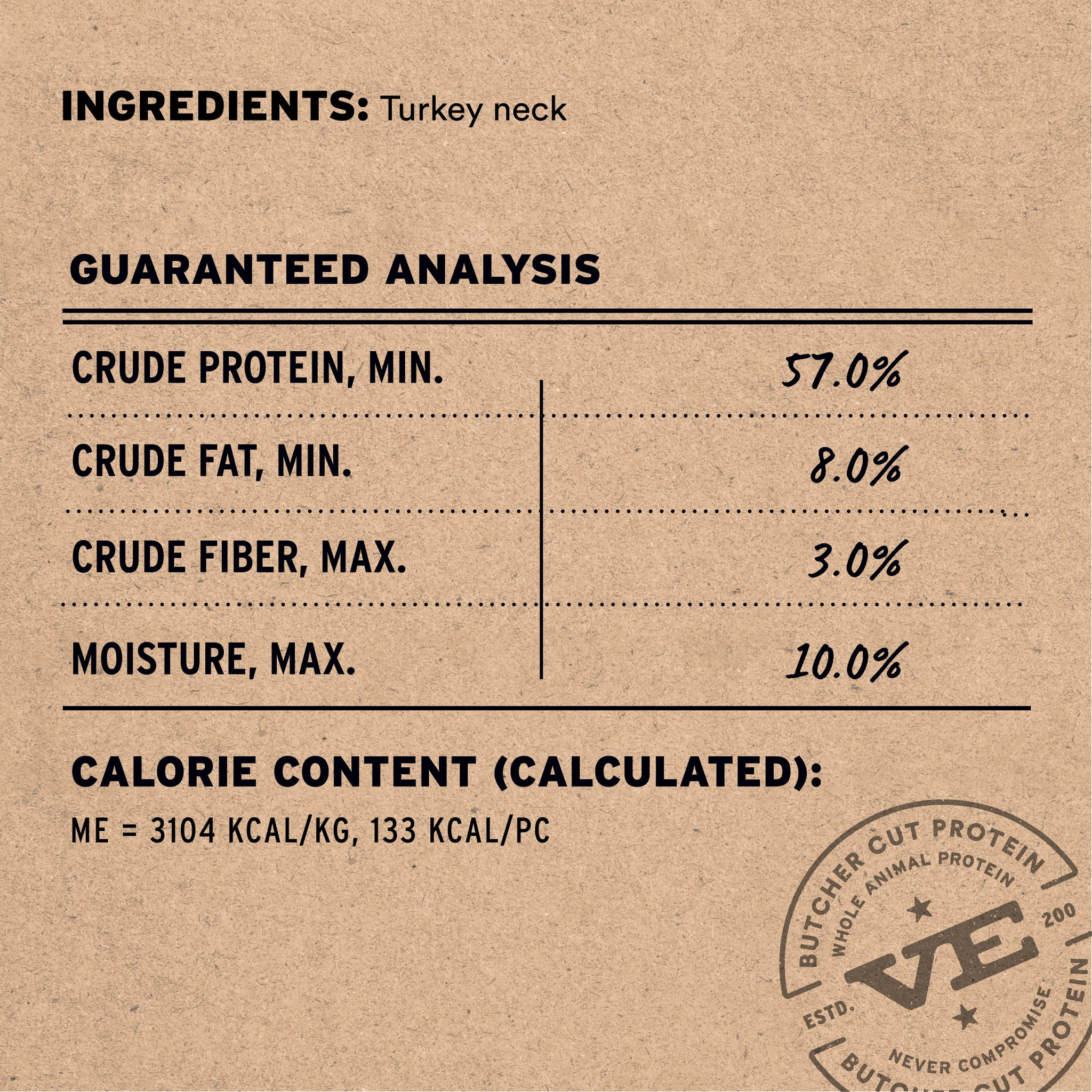 Turkey Necks chew single ingredient, guaranteed analysis and calorie content