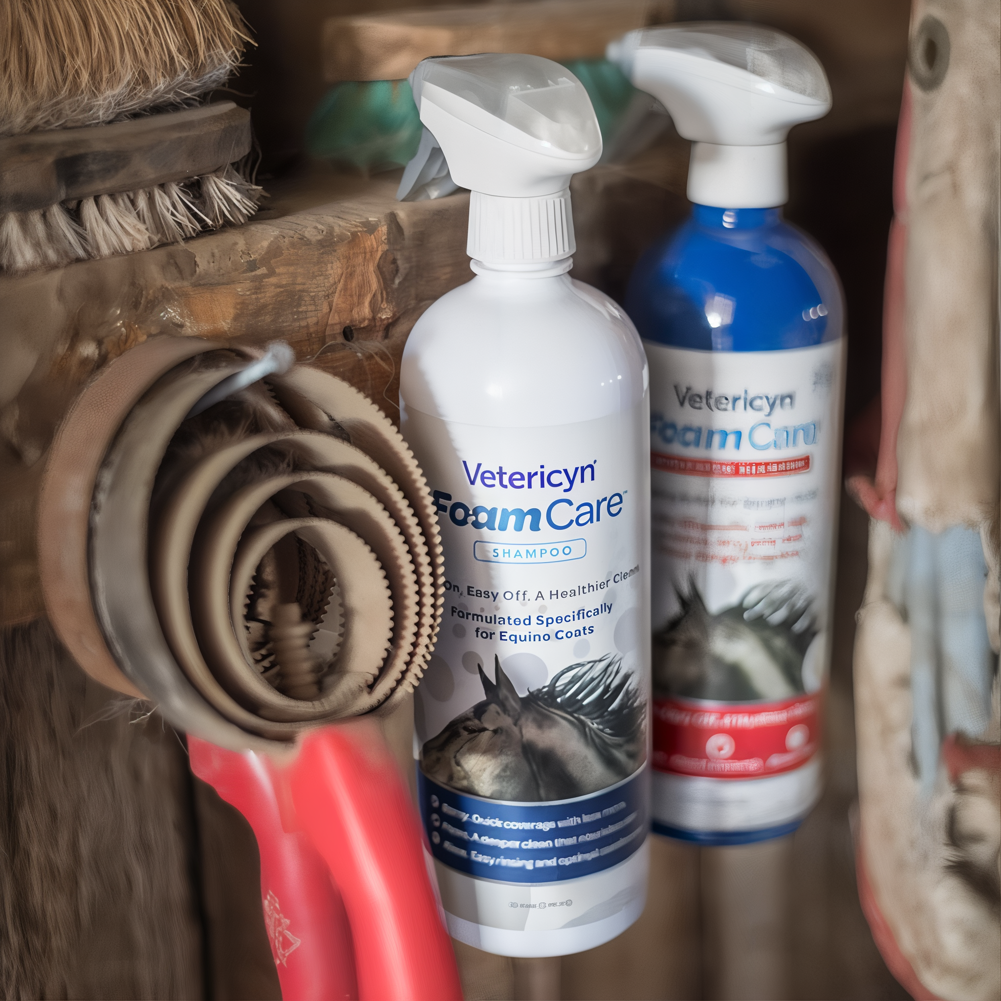 Spraying Vetericyn FoamCare Equine Shampoo onto a horse's coat