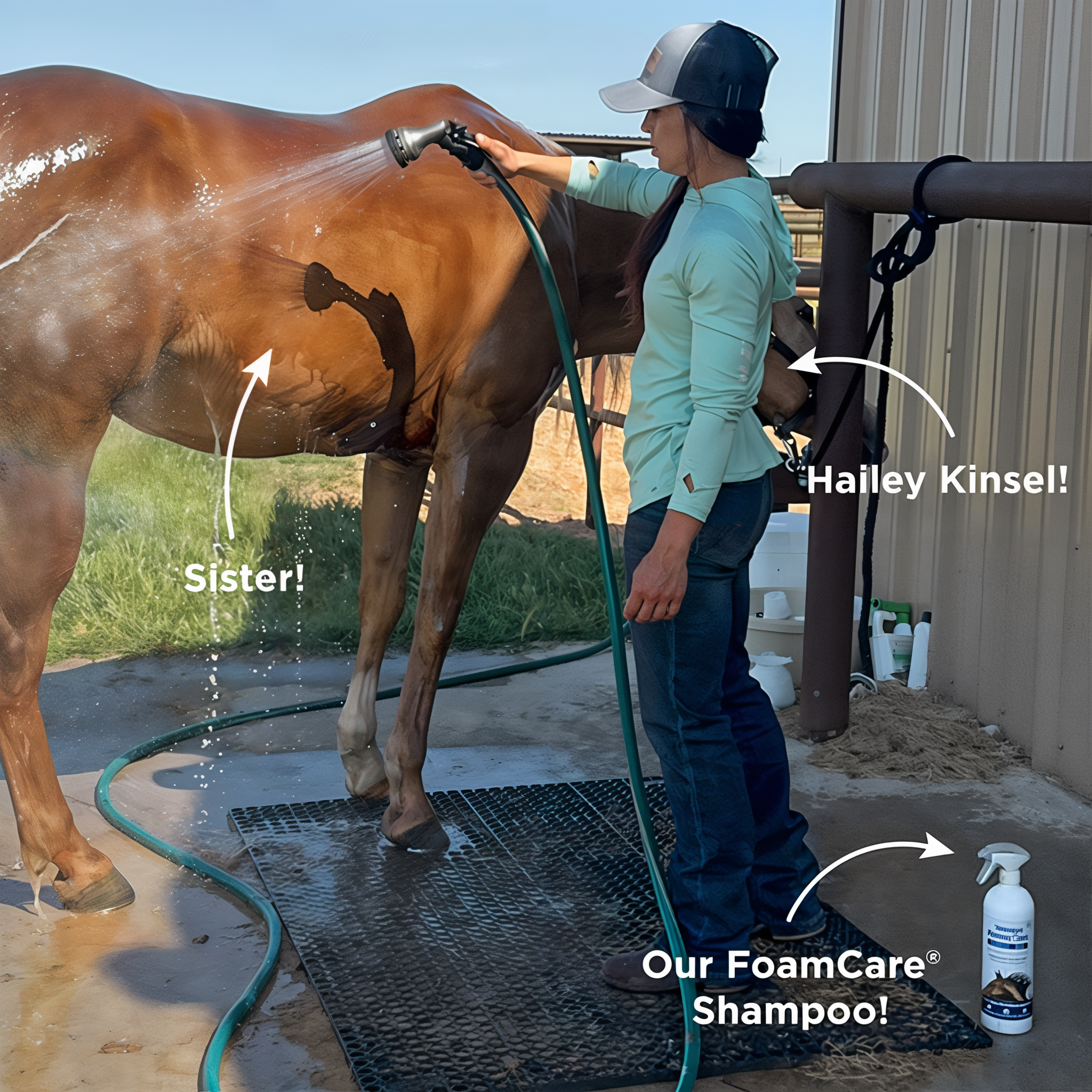 Rodeo athlete Hailey Kinsel with Vetericyn FoamCare Equine Shampoo