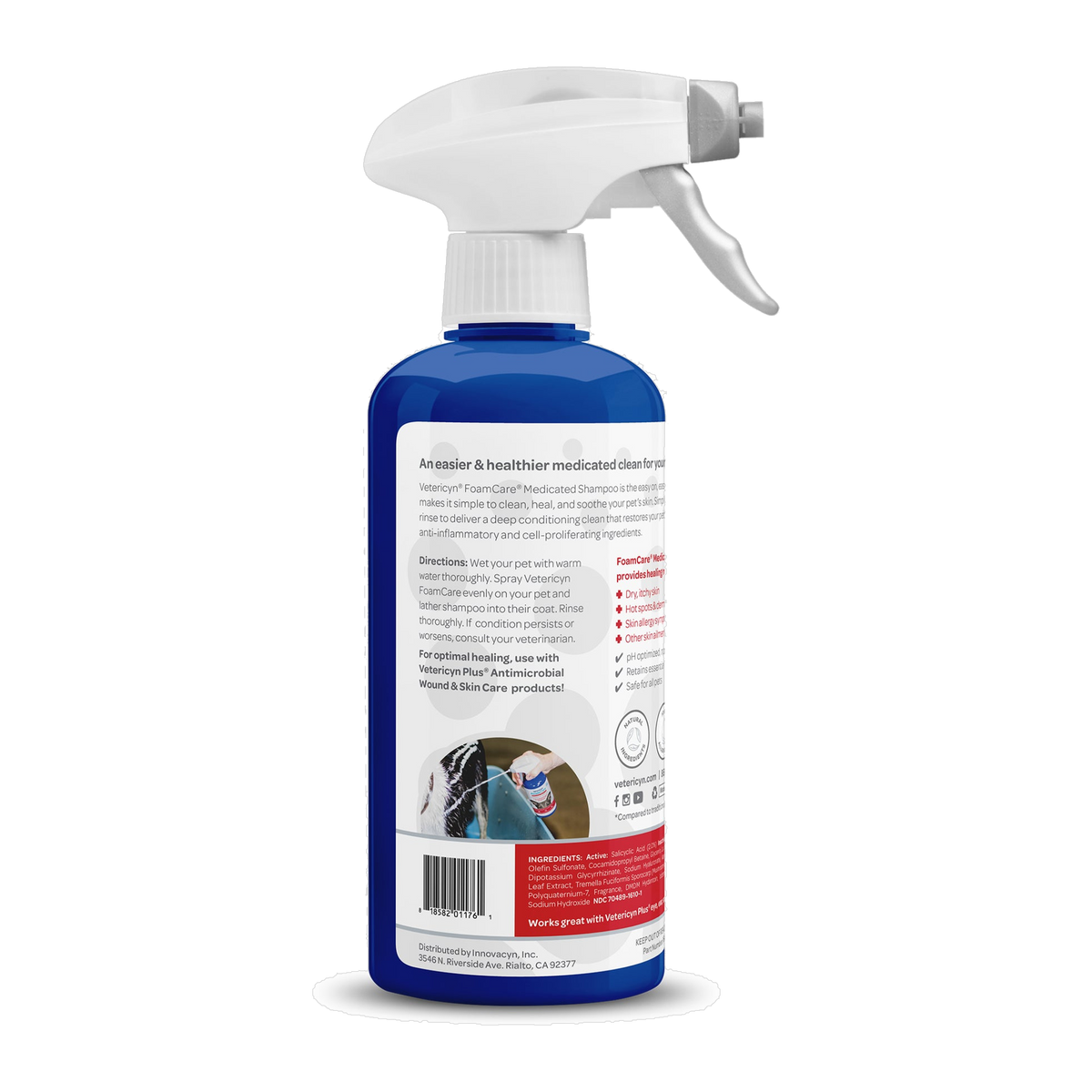 Vetericyn FoamCare Medicated Pet Shampoo bottle back label with directions and ingredients