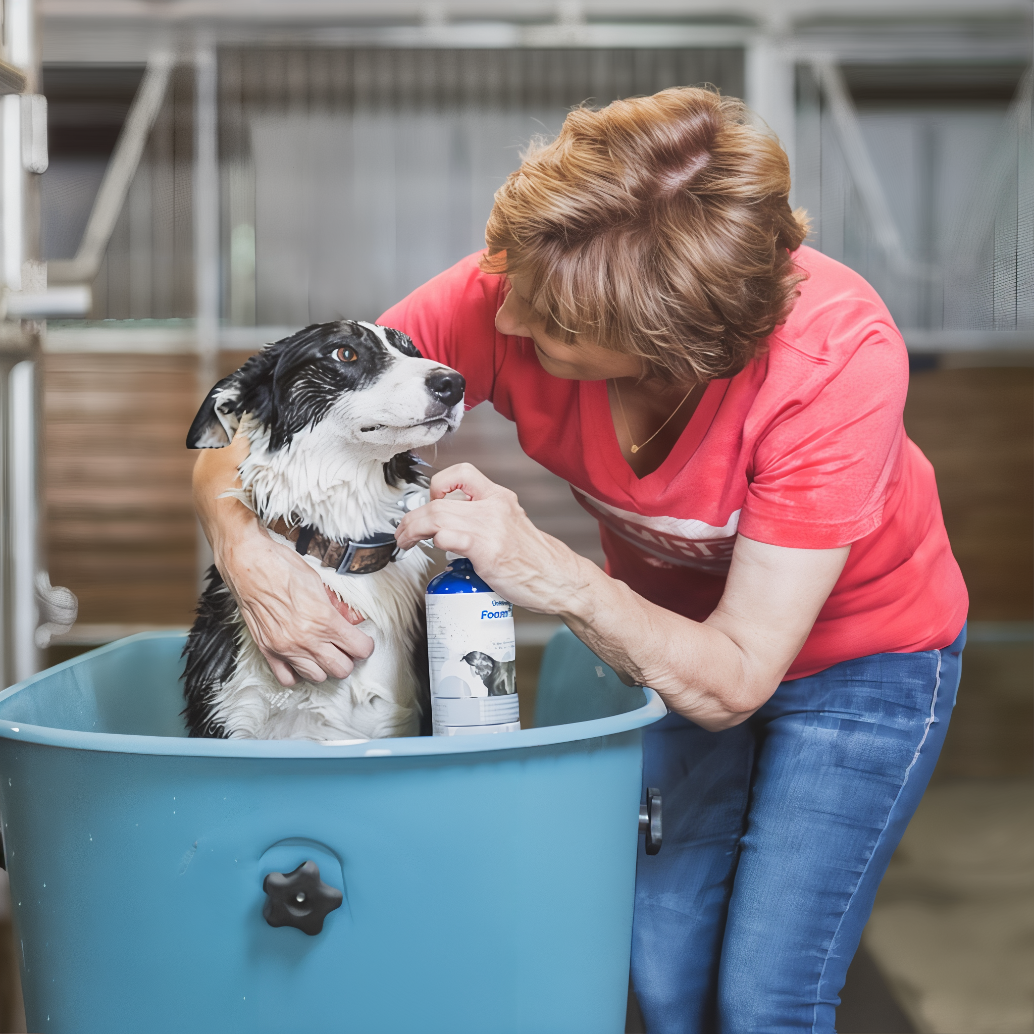 Bathing a dog with Vetericyn FoamCare Medicated Pet Shampoo in a wash tub