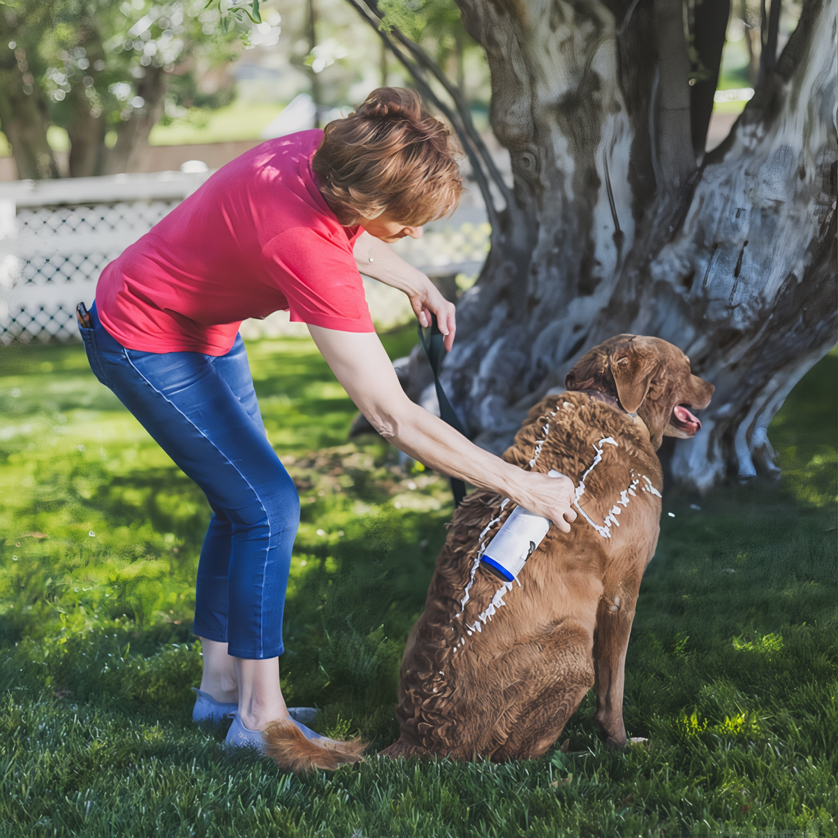 Applying Vetericyn FoamCare Medicated Shampoo foam to a dog outdoors