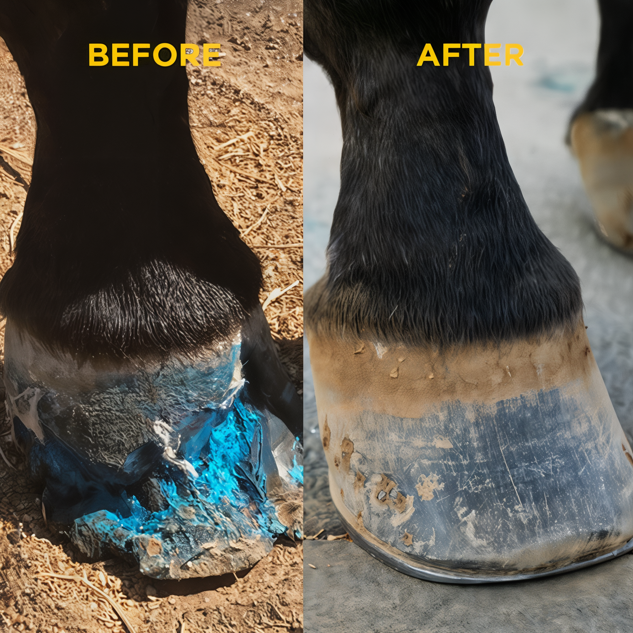 Horse hoof before and after using Vetericyn Mobility Hoof Care