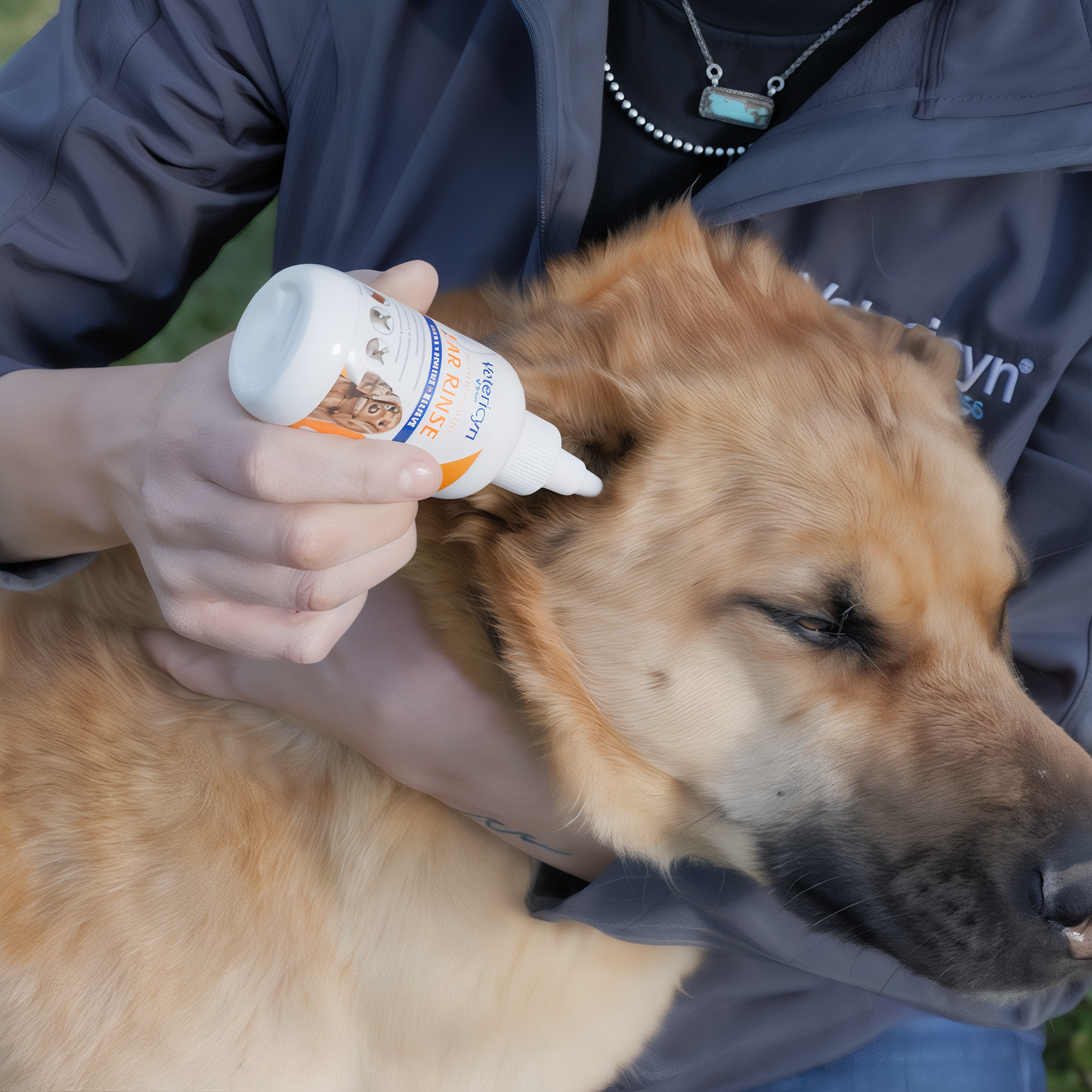 Cleaning a dog's ear with Vetericyn Plus Antimicrobial Ear Rinse