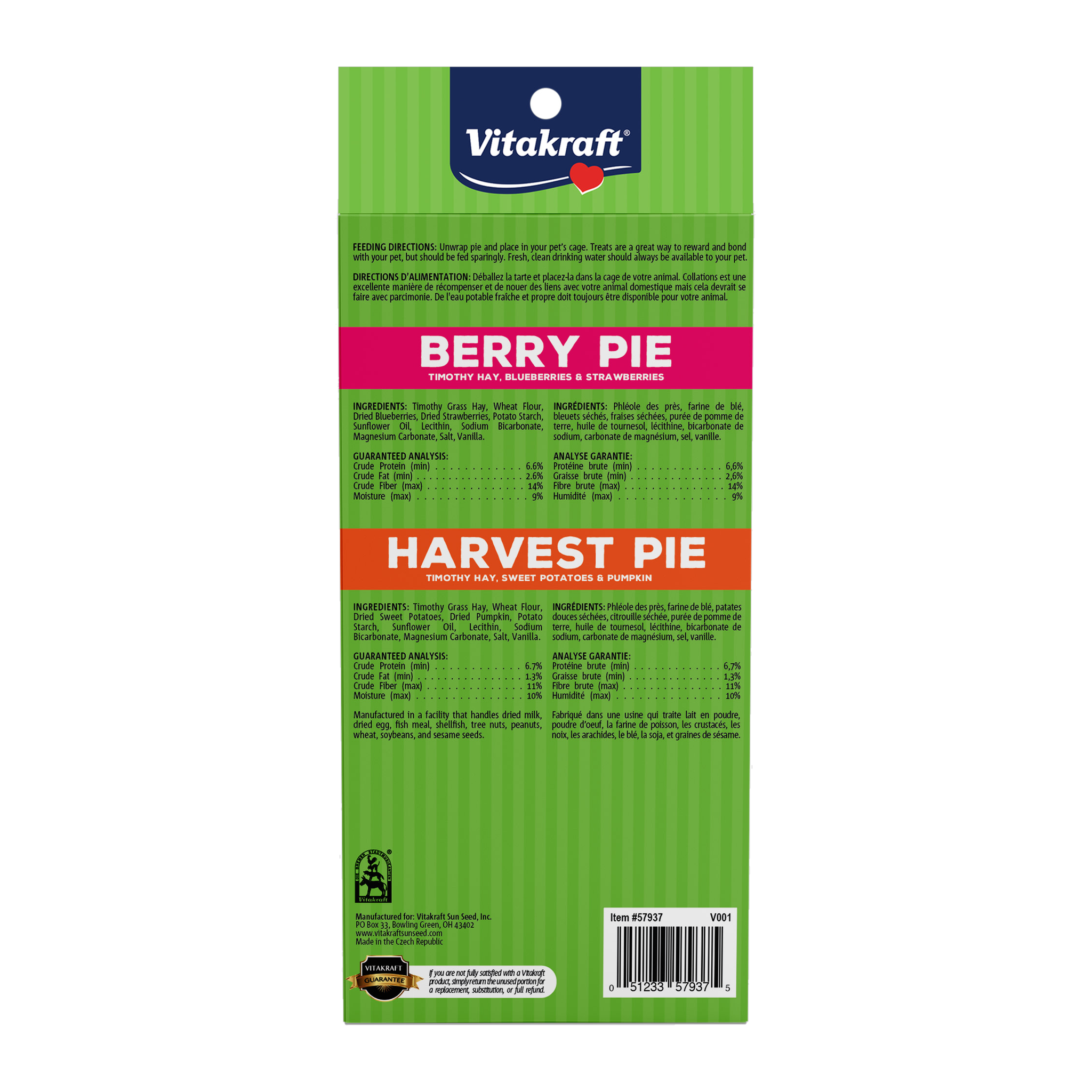Vitakraft Berry Pie and Harvest Pie package back with ingredients and guaranteed analysis