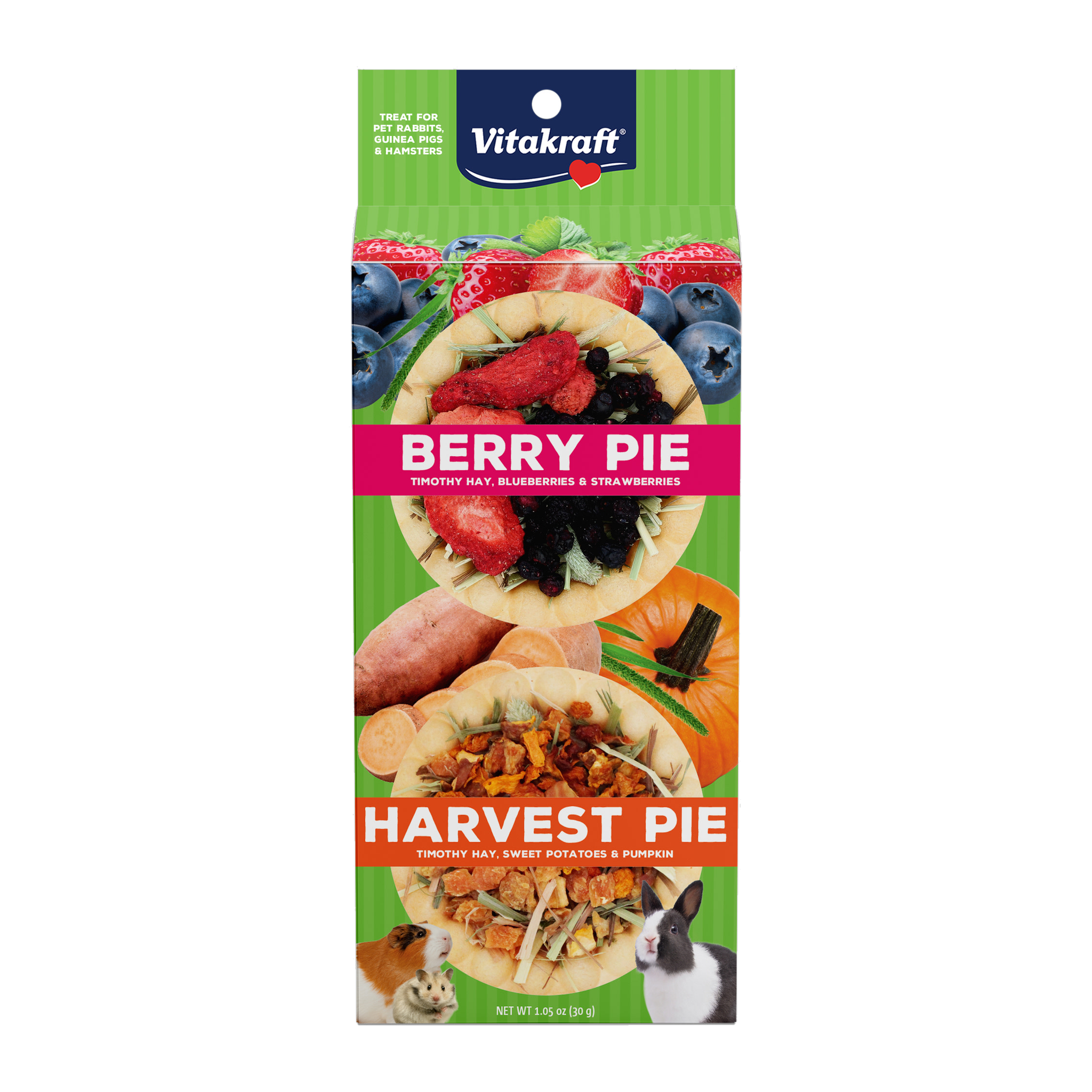Vitakraft Berry Pie and Harvest Pie small animal treat card front with rabbit and guinea pig