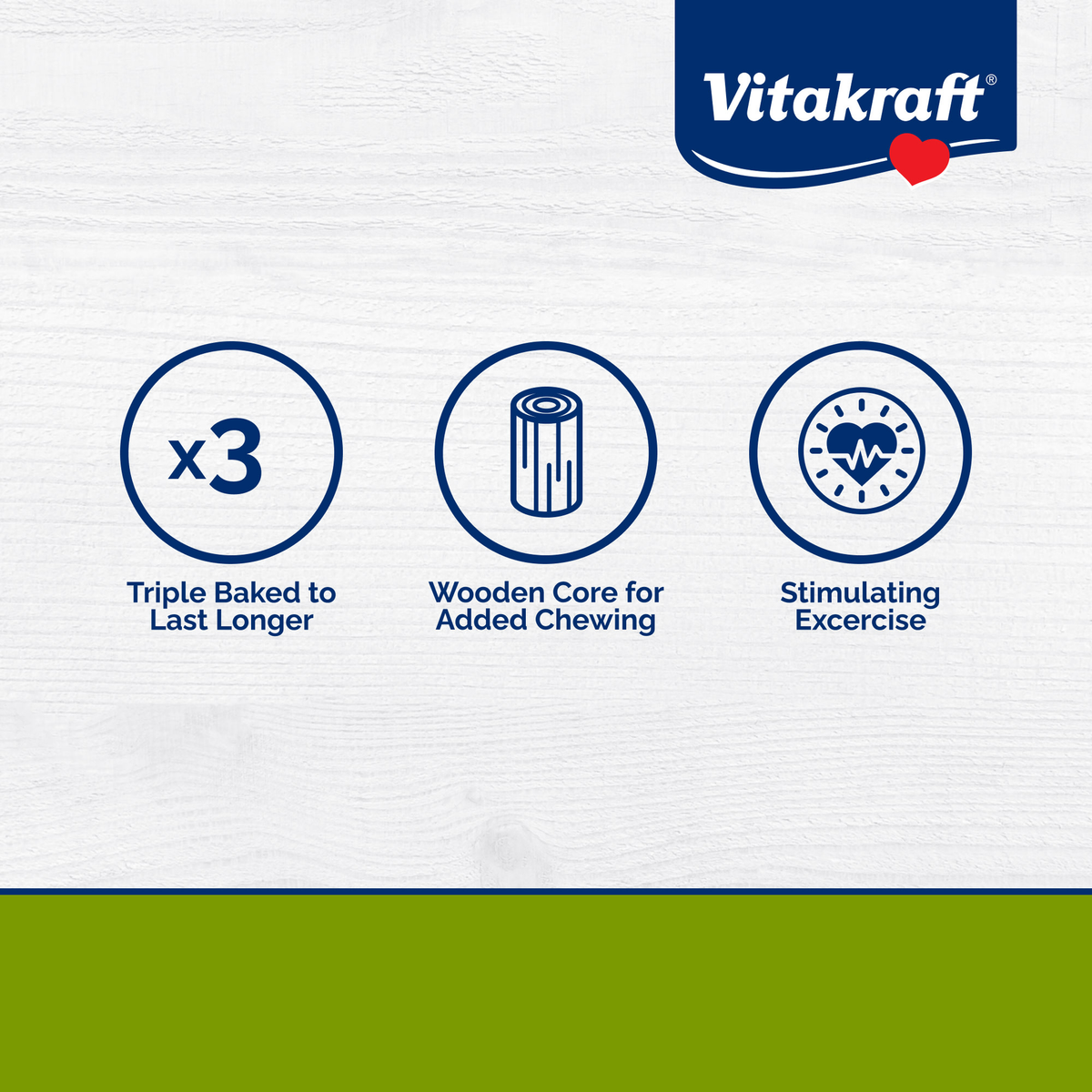 Vitakraft Crunch Sticks benefits panel triple baked wooden core stimulating exercise