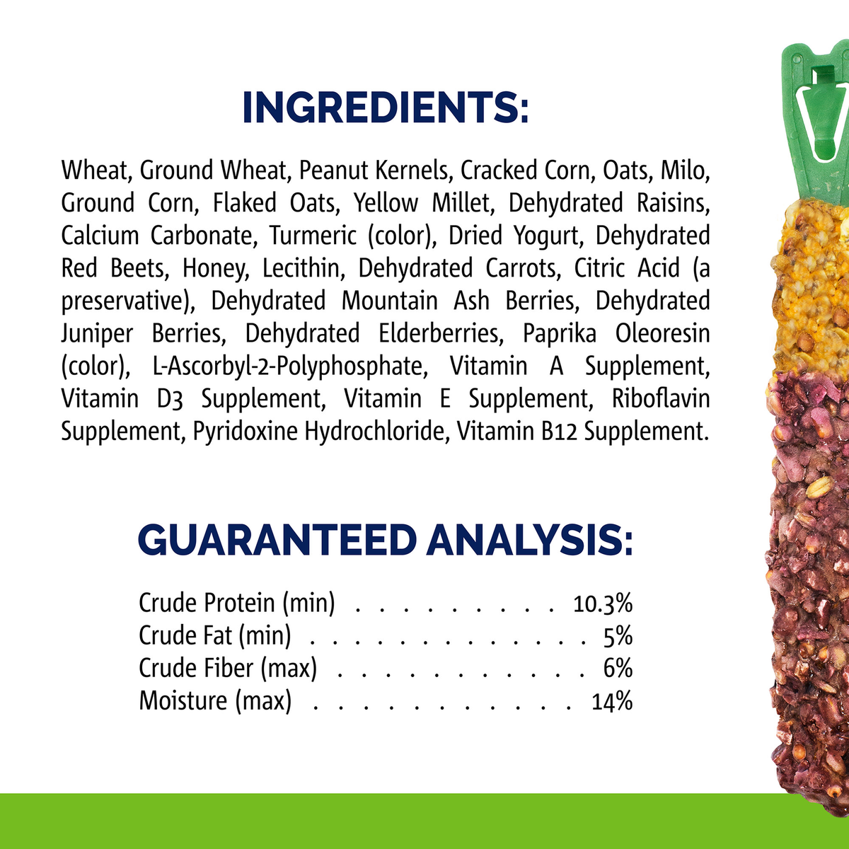 Vitakraft Crunch Sticks wild berry ingredients and guaranteed analysis panel
