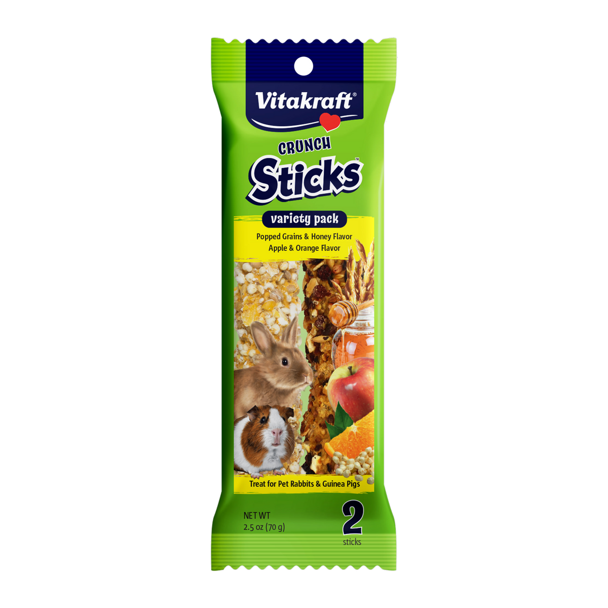 Vitakraft Crunch Sticks variety pack front with popped grains honey and apple orange sticks