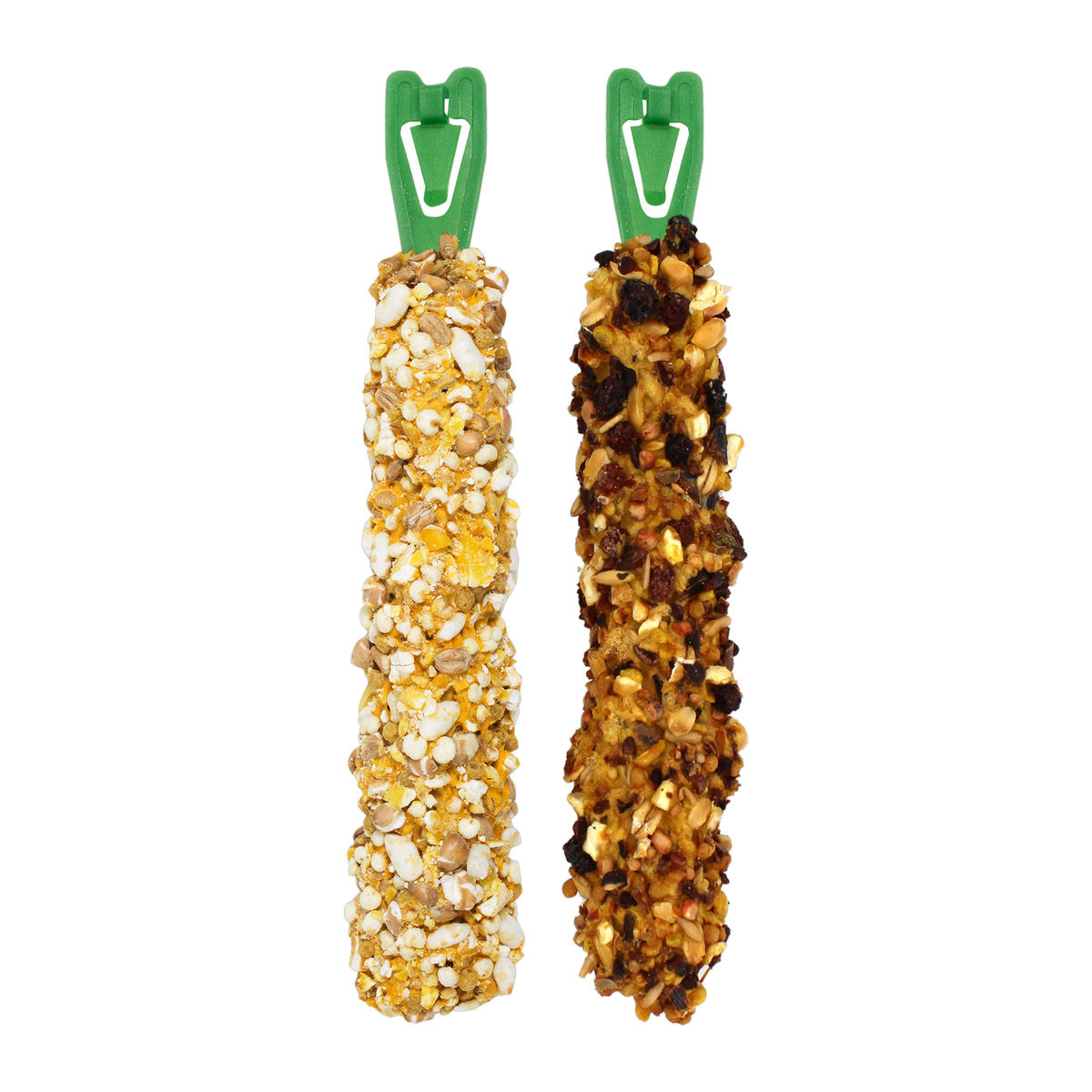 Two Vitakraft Crunch Sticks with green cage clips popped grains and apple orange flavors