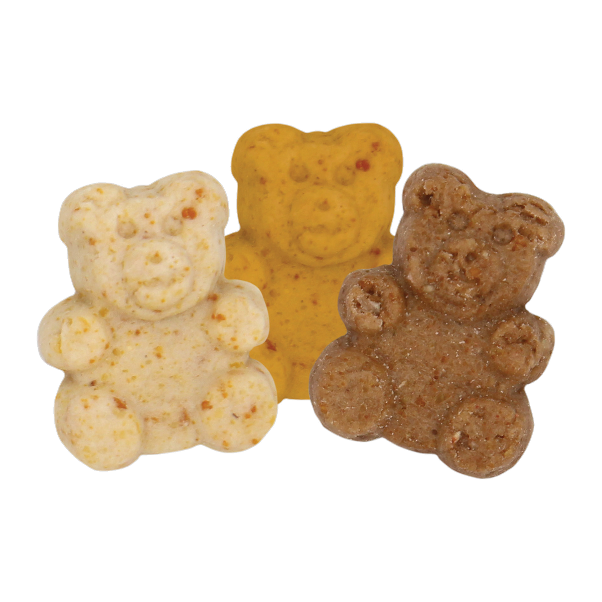 Three teddy bear shaped Vitakraft Crunchy Bears baked small animal treats closeup