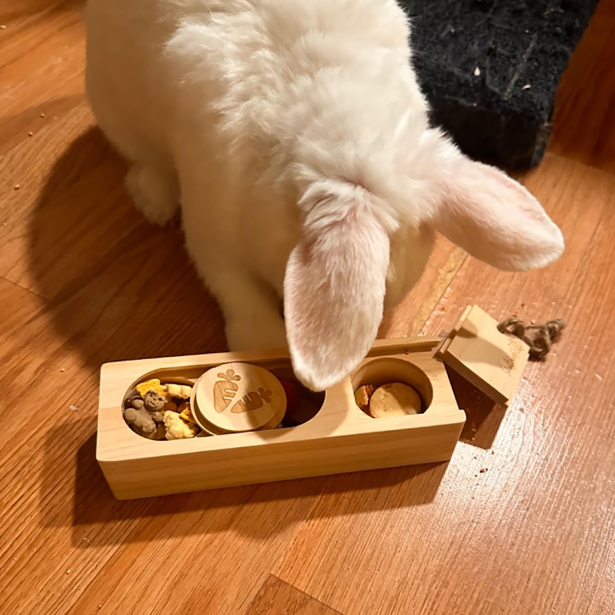 Rabbit eating Vitakraft Crunchy Bears from a wooden foraging toy