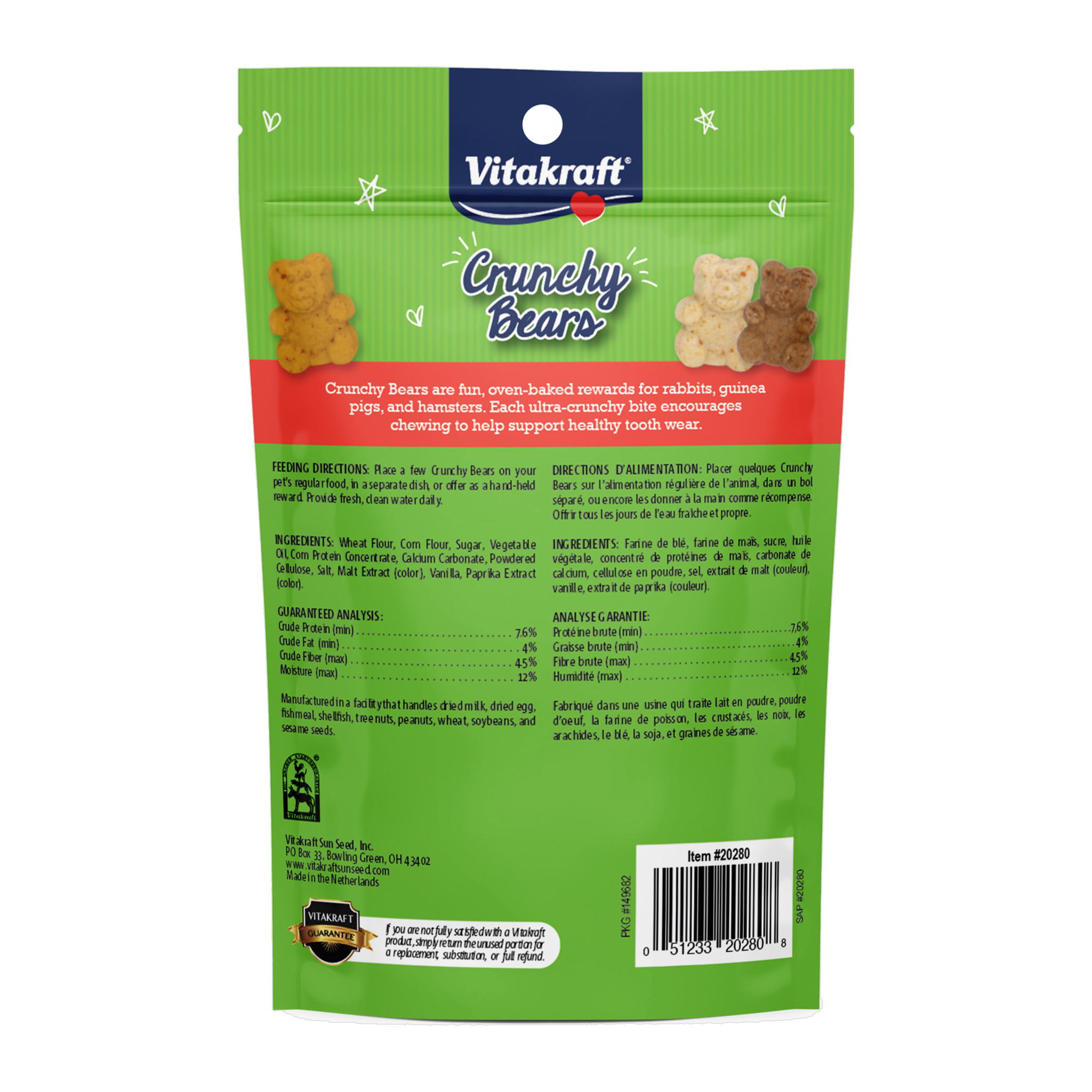 Vitakraft Crunchy Bears package back with feeding directions and ingredients