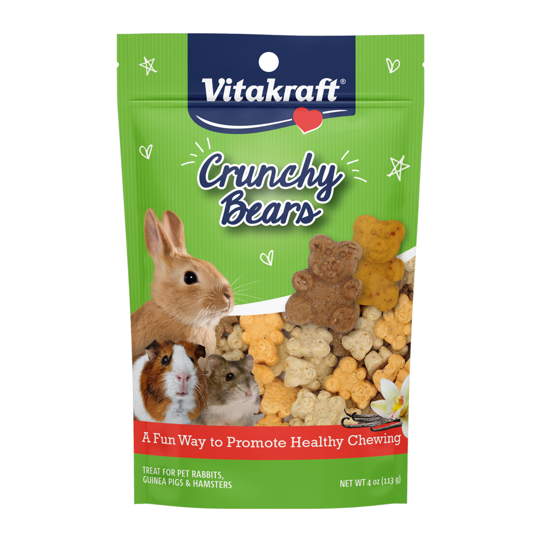 Vitakraft Crunchy Bears small animal treat 4 oz pouch front with rabbit guinea pig and hamster