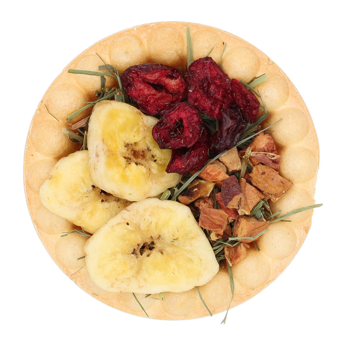 Vitakraft Fruity Pie closeup with banana chips dried cherries and apple pieces on Timothy hay in baked crust