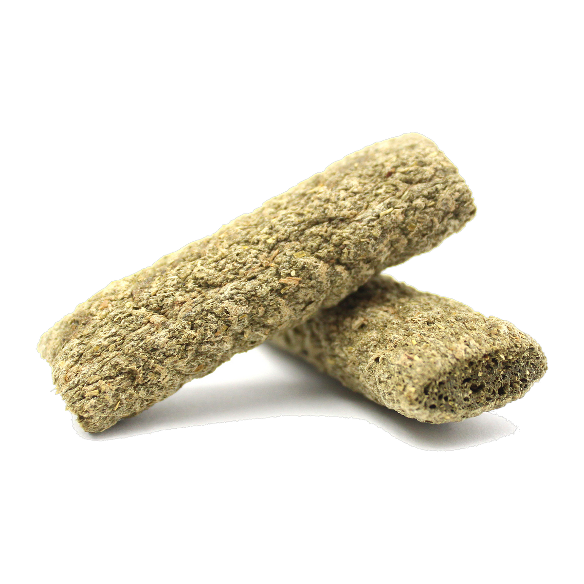 Two green Vitakraft Slims alfalfa nibble stick treats closeup