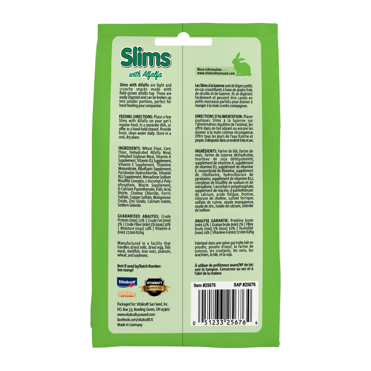 Vitakraft Slims with Alfalfa package back with feeding directions and ingredients