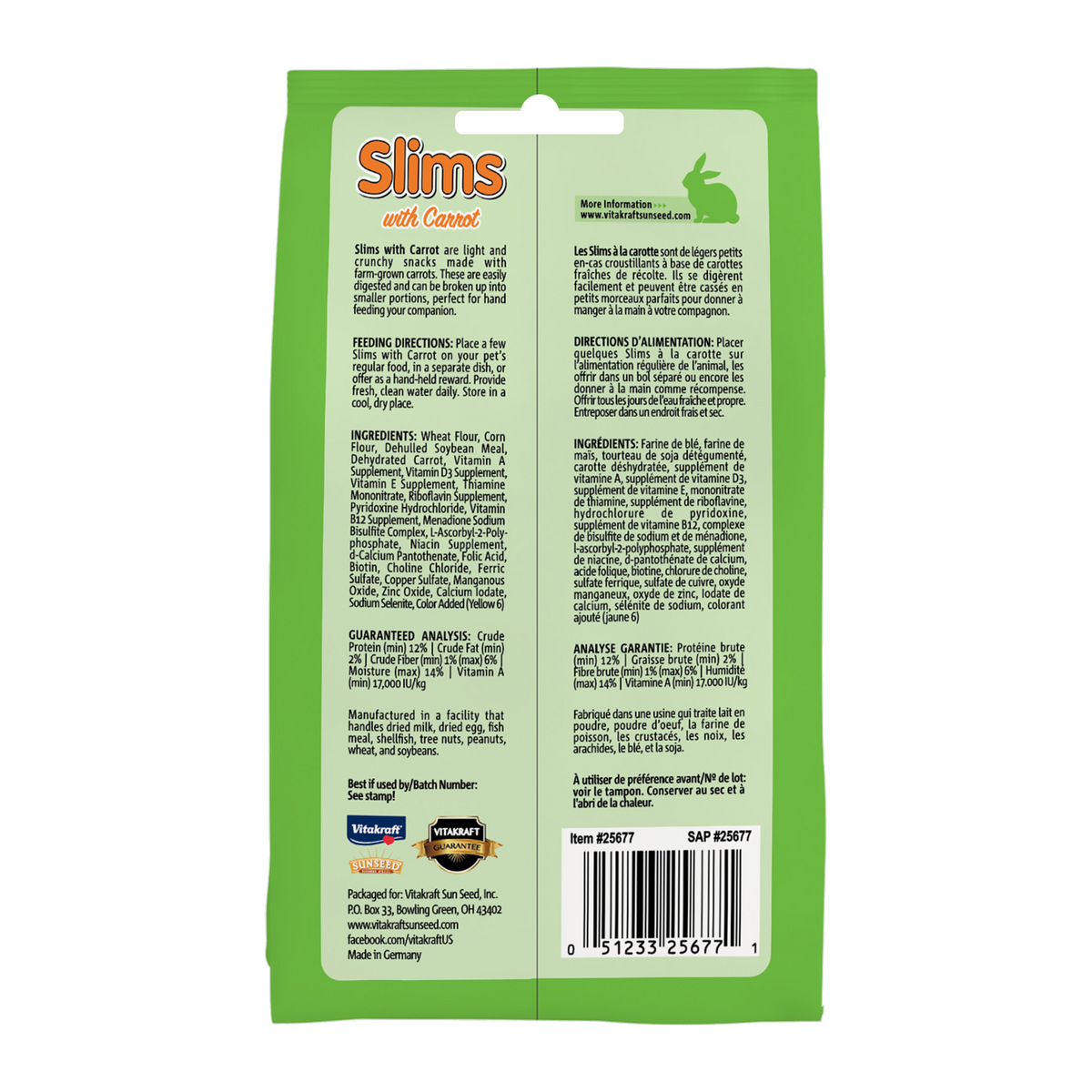 Vitakraft Slims with Carrot 1.76 oz package back with feeding directions