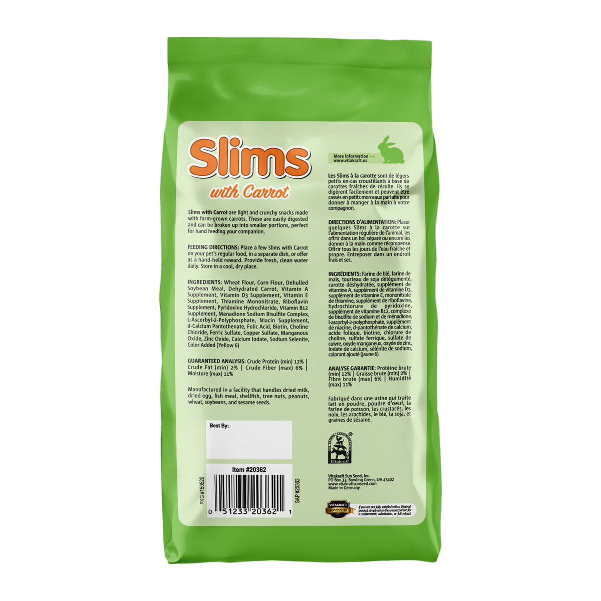 Vitakraft Slims with Carrot 10 oz package back with ingredients