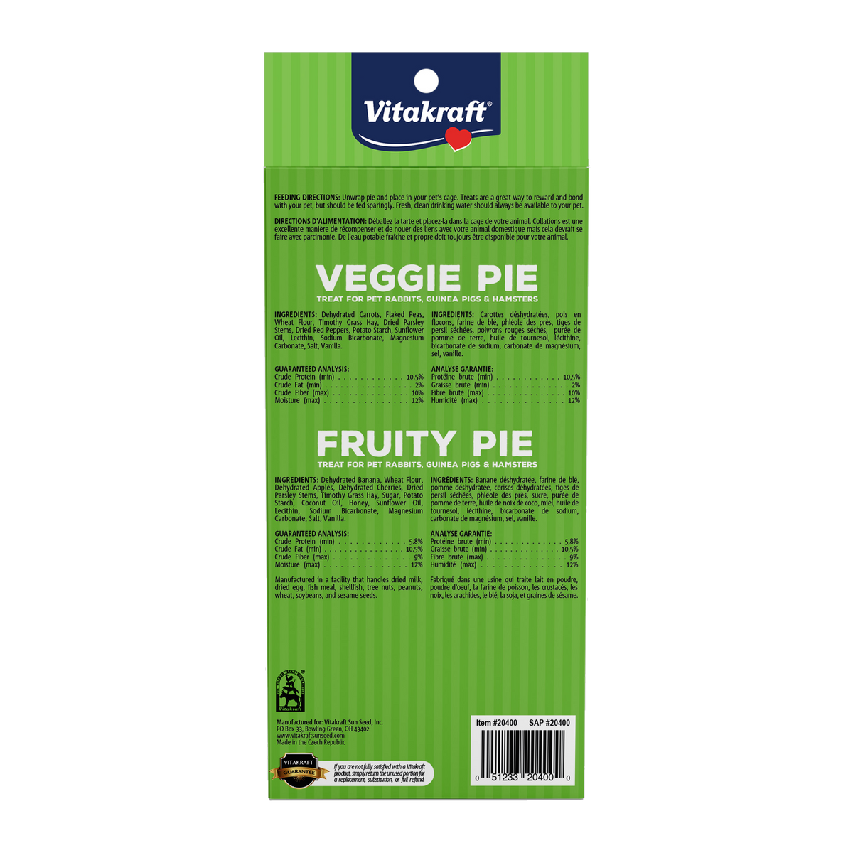 Vitakraft Veggie and Fruity Pie package back with ingredients guaranteed analysis and feeding directions
