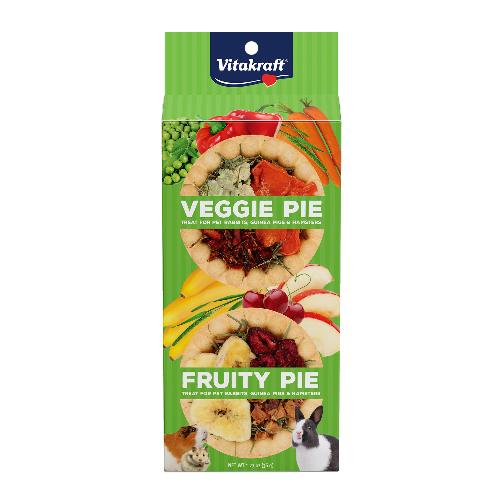 Vitakraft Veggie Pie and Fruity Pie small animal treat box front with rabbit guinea pig and hamster