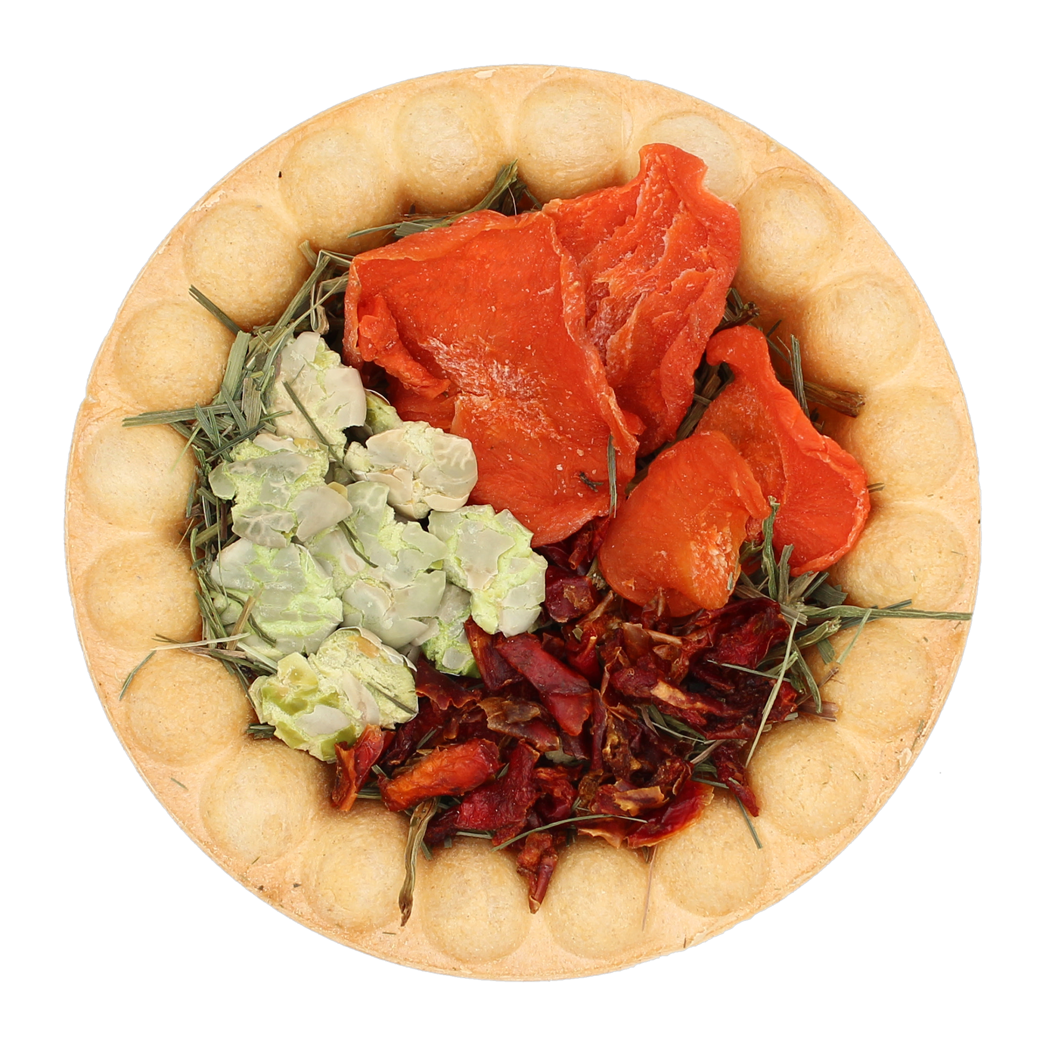 Vitakraft Veggie Pie closeup with dried carrots peas and red peppers on Timothy hay in baked crust