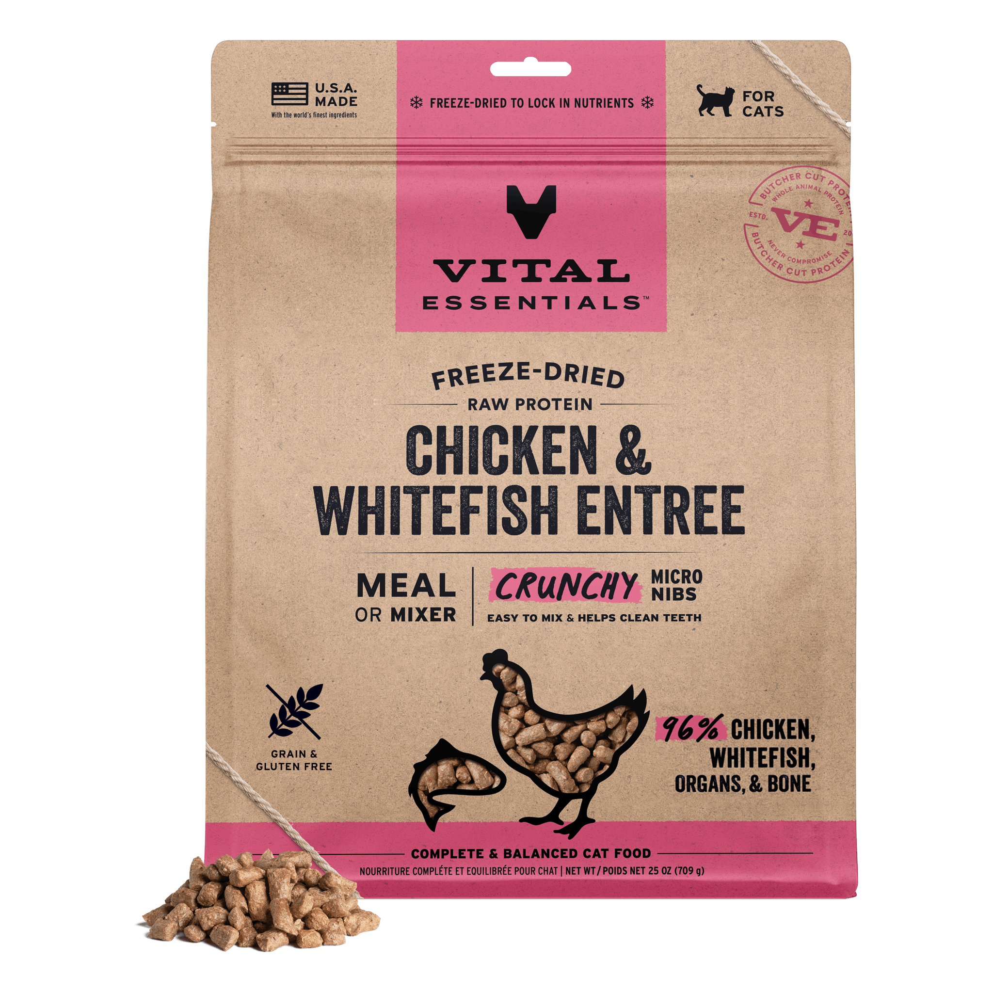 Vital Essentials Freeze-Dried Raw Chicken & Whitefish Entree Crunchy Micro Nibs cat food 25 oz bag