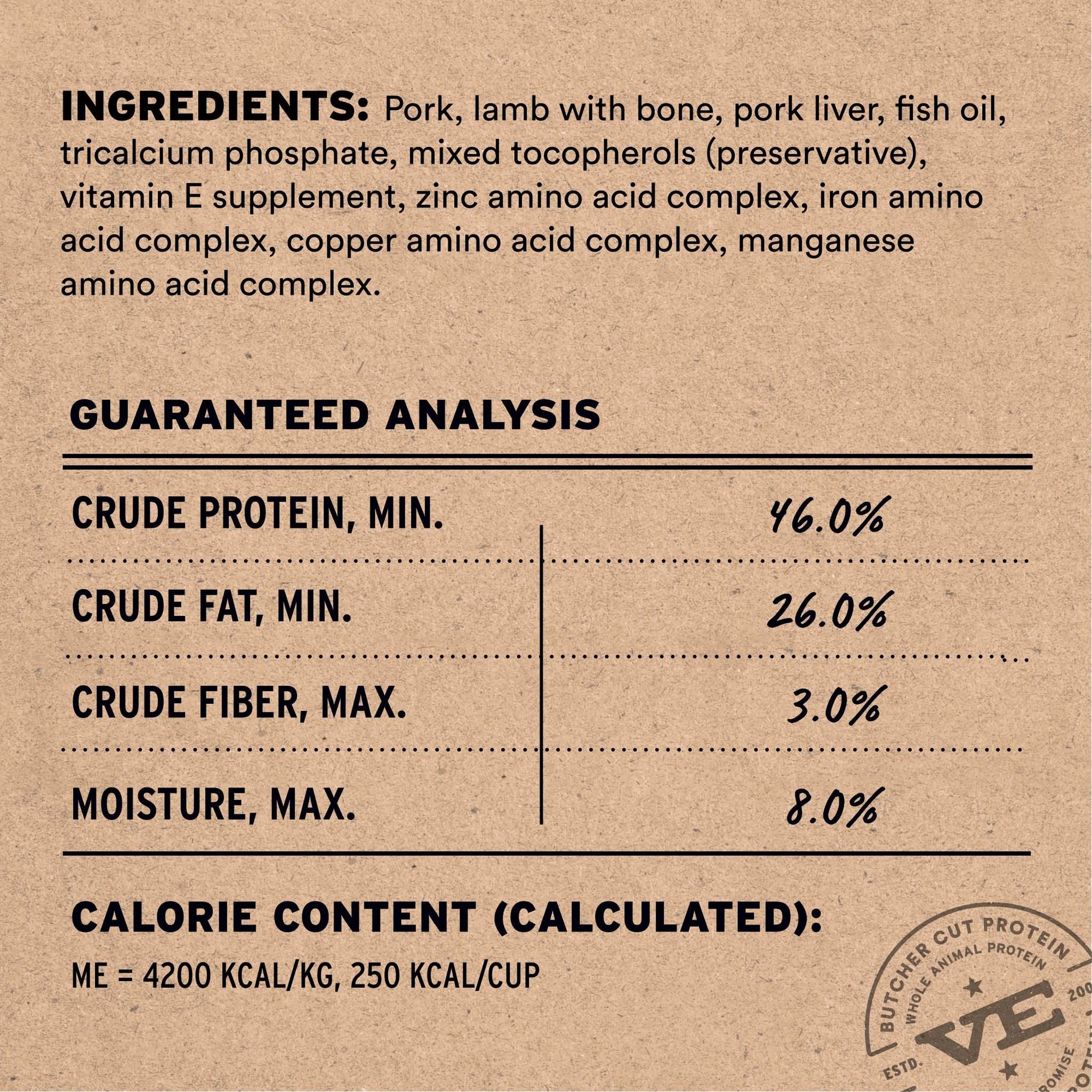 Pork & Lamb Entree micro nibs ingredients list, guaranteed analysis, and calorie content