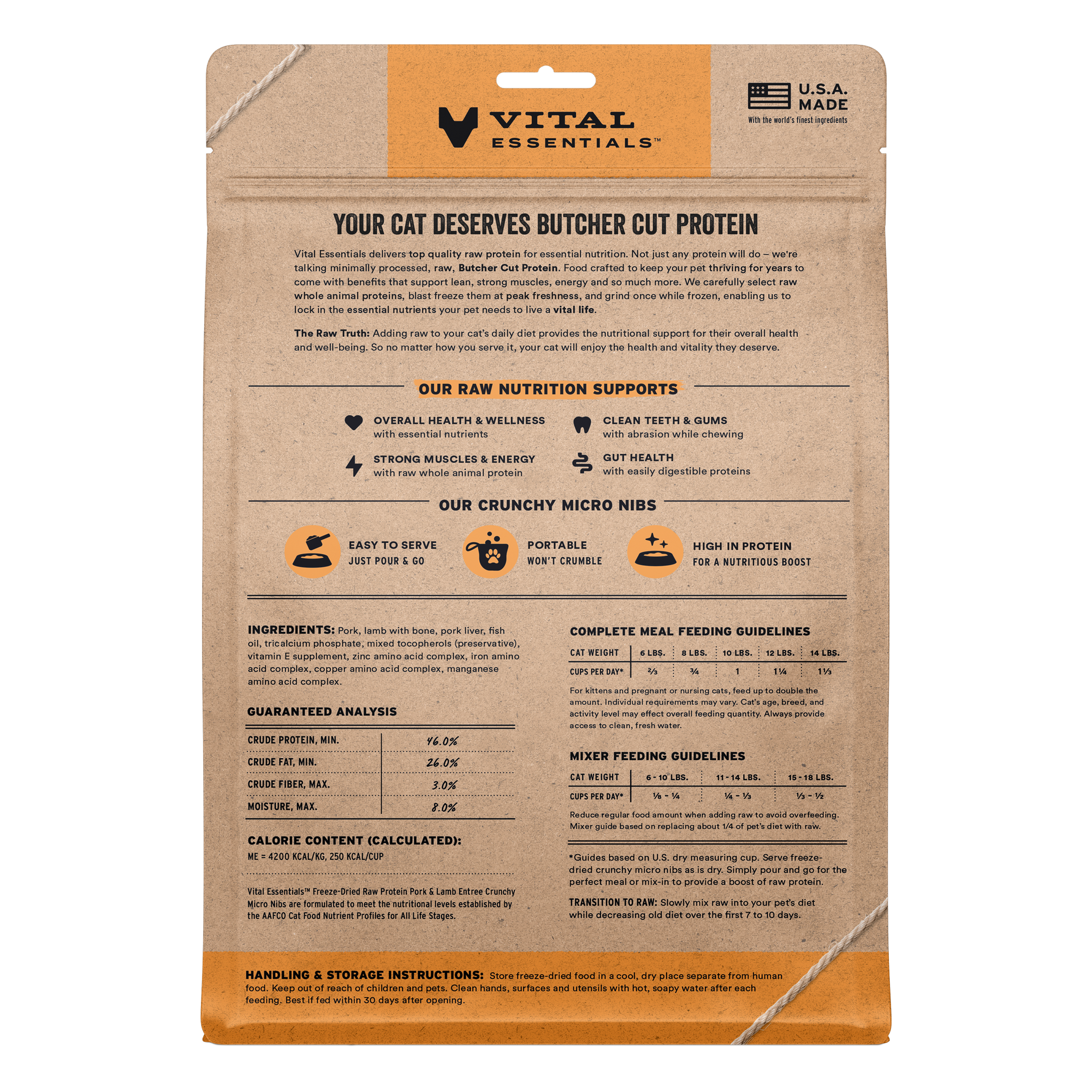 Back of the Vital Essentials Pork & Lamb cat food bag with ingredients, guaranteed analysis, and feeding guidelines