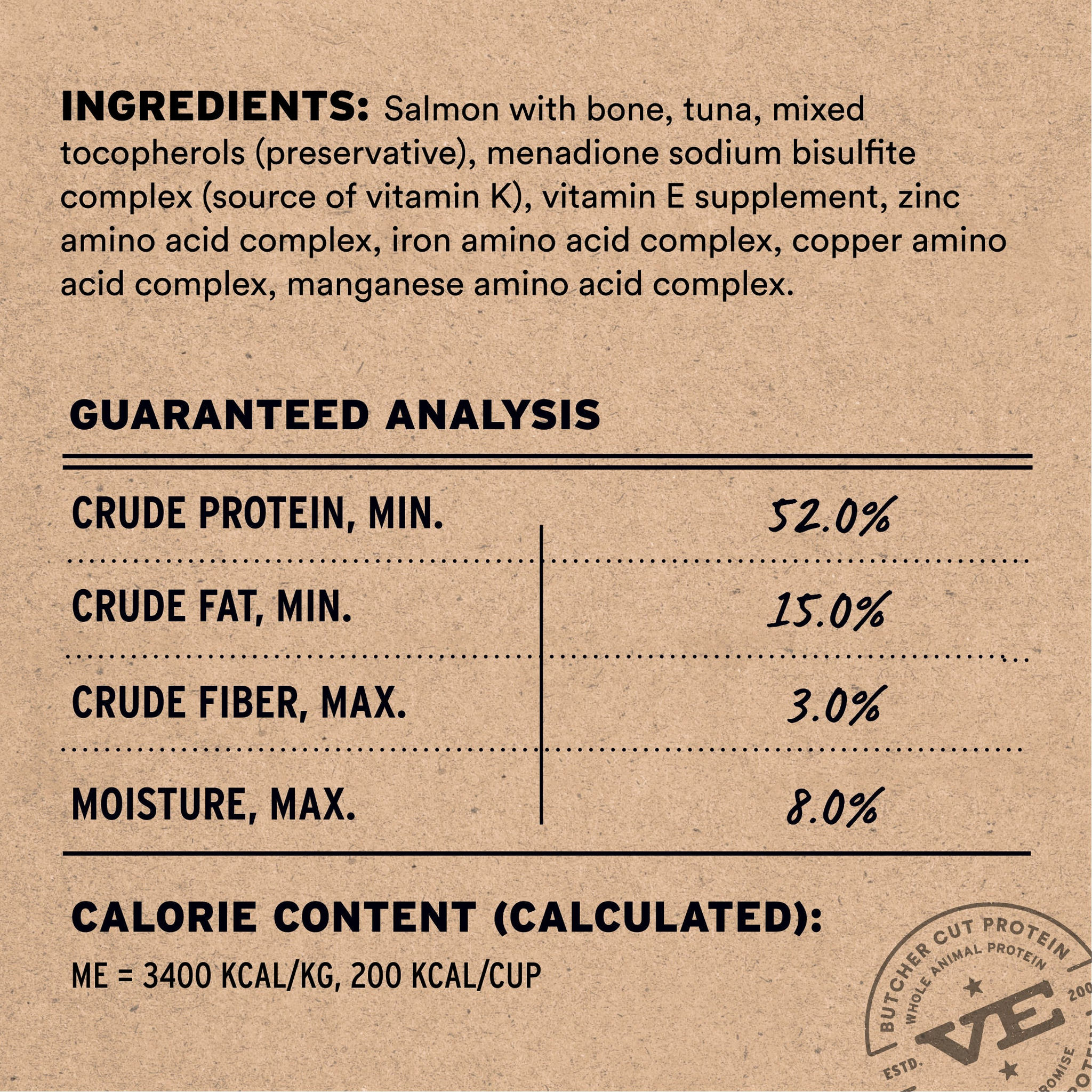 Salmon & Tuna Entree micro nibs ingredients list, guaranteed analysis, and calorie content