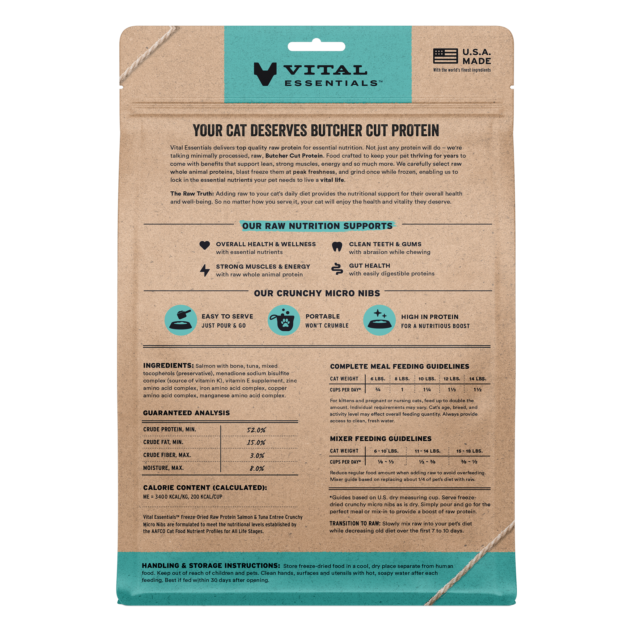 Back of the Salmon & Tuna 12 oz bag with ingredients, guaranteed analysis, and feeding guidelines