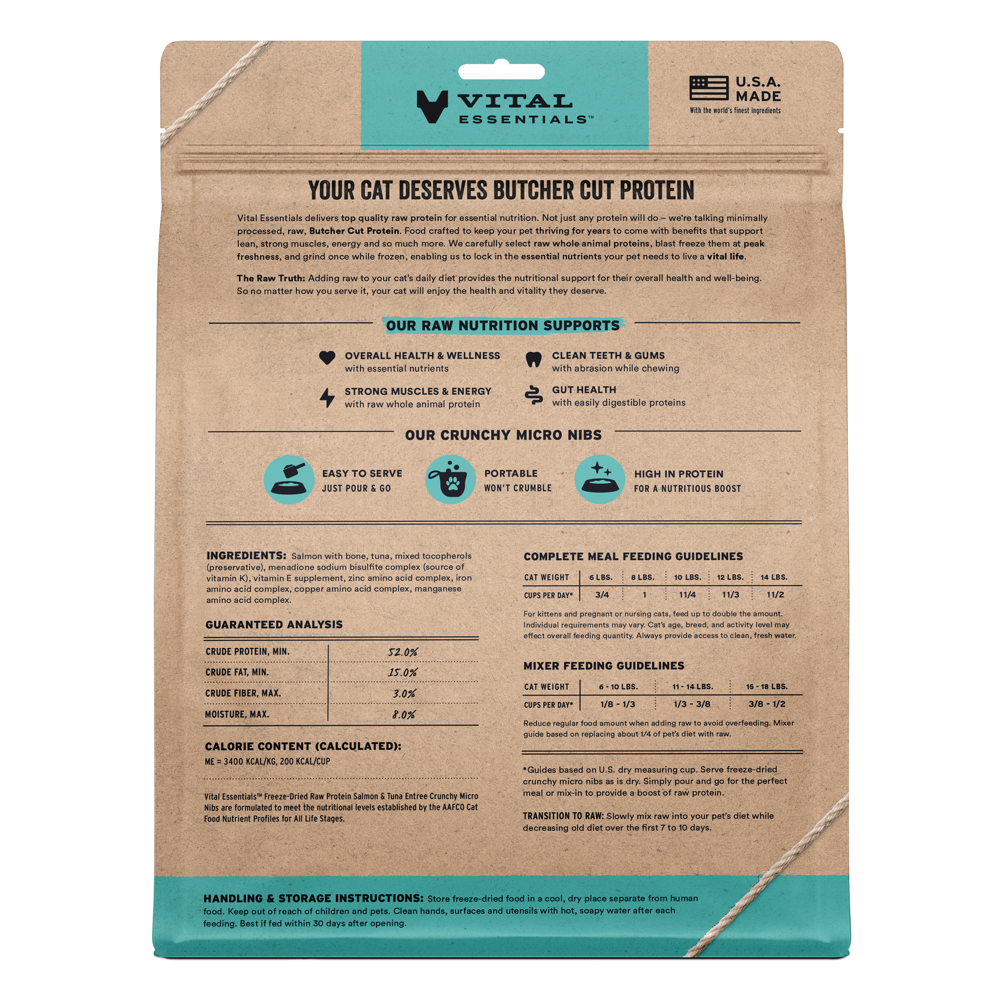 Back of the Salmon & Tuna 25 oz bag with ingredients, guaranteed analysis, and feeding guidelines