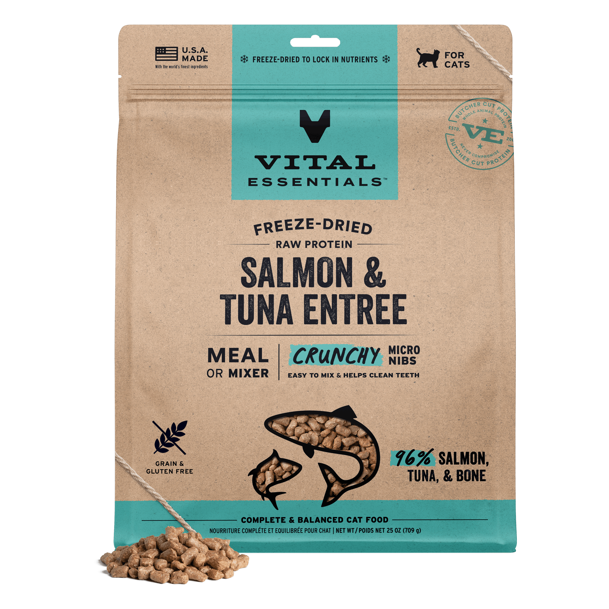 Vital Essentials Freeze-Dried Raw Salmon & Tuna Entree Crunchy Micro Nibs cat food 25 oz bag