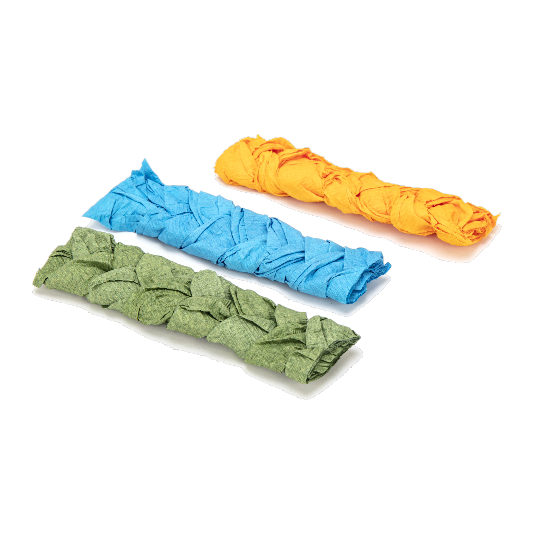 Three large braided paper chews in green, blue and orange out of package