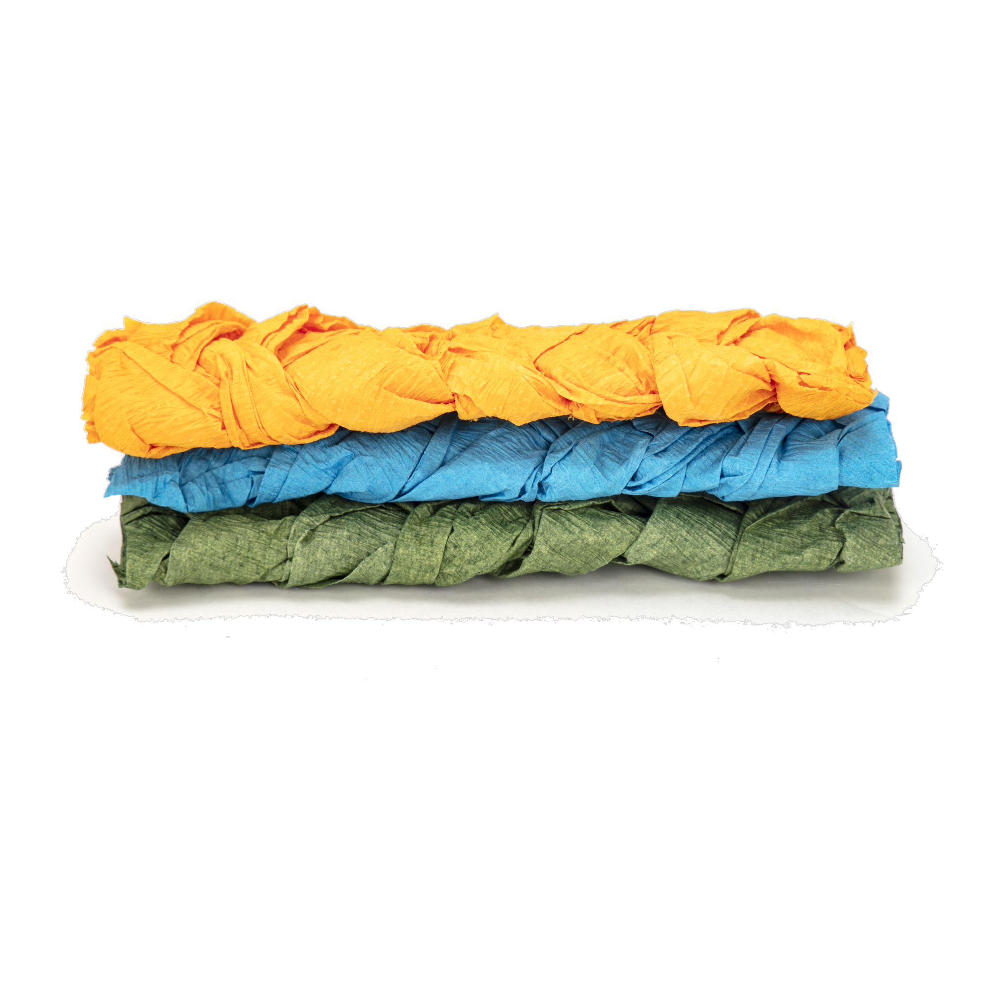 Stacked braided chews showing woven crepe paper texture