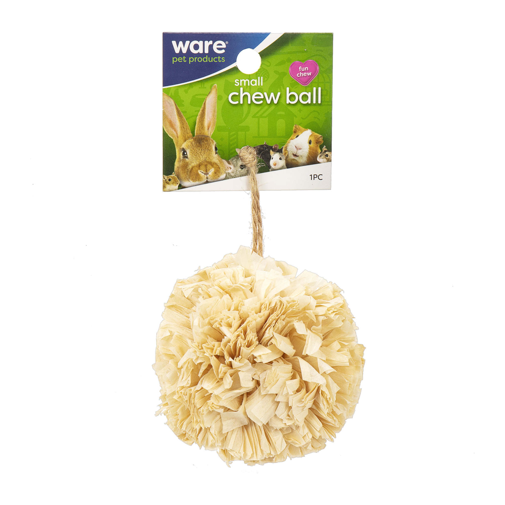 Ware Chew Ball small animal chew toy, natural raffia paper ball on hang card, front view