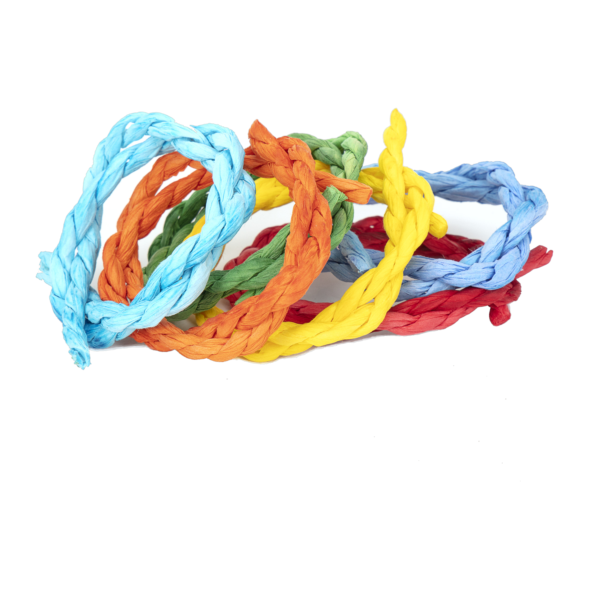 Colorful braided raffia paper chew rings piled together