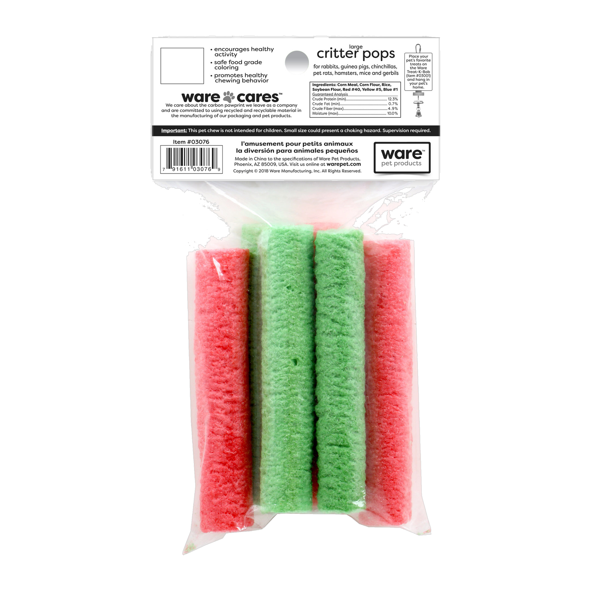 Back of the Large Critter Pops pack with ingredients and feeding information