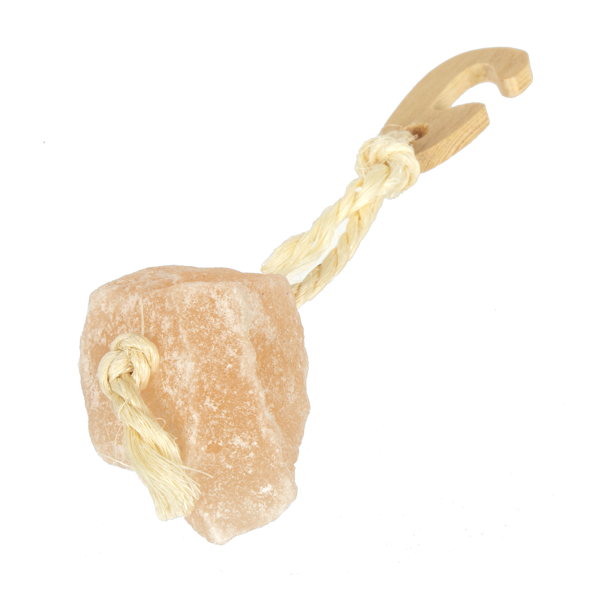 Ware Himalayan Salt on a Rope, angled view showing seagrass rope and wood hanger