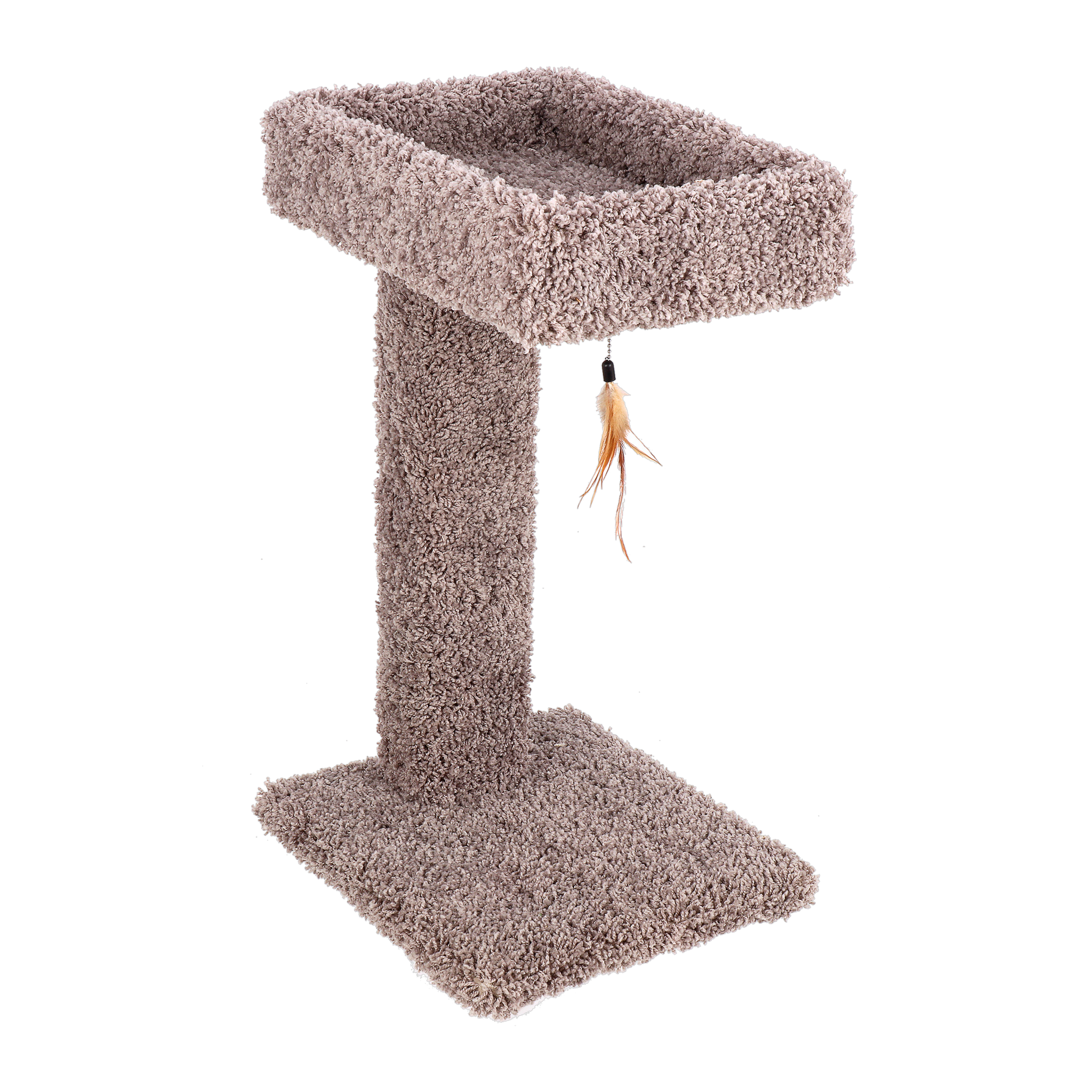 Ware Kitty Cactus carpeted cat scratch post with perch and feather toy, angled front view