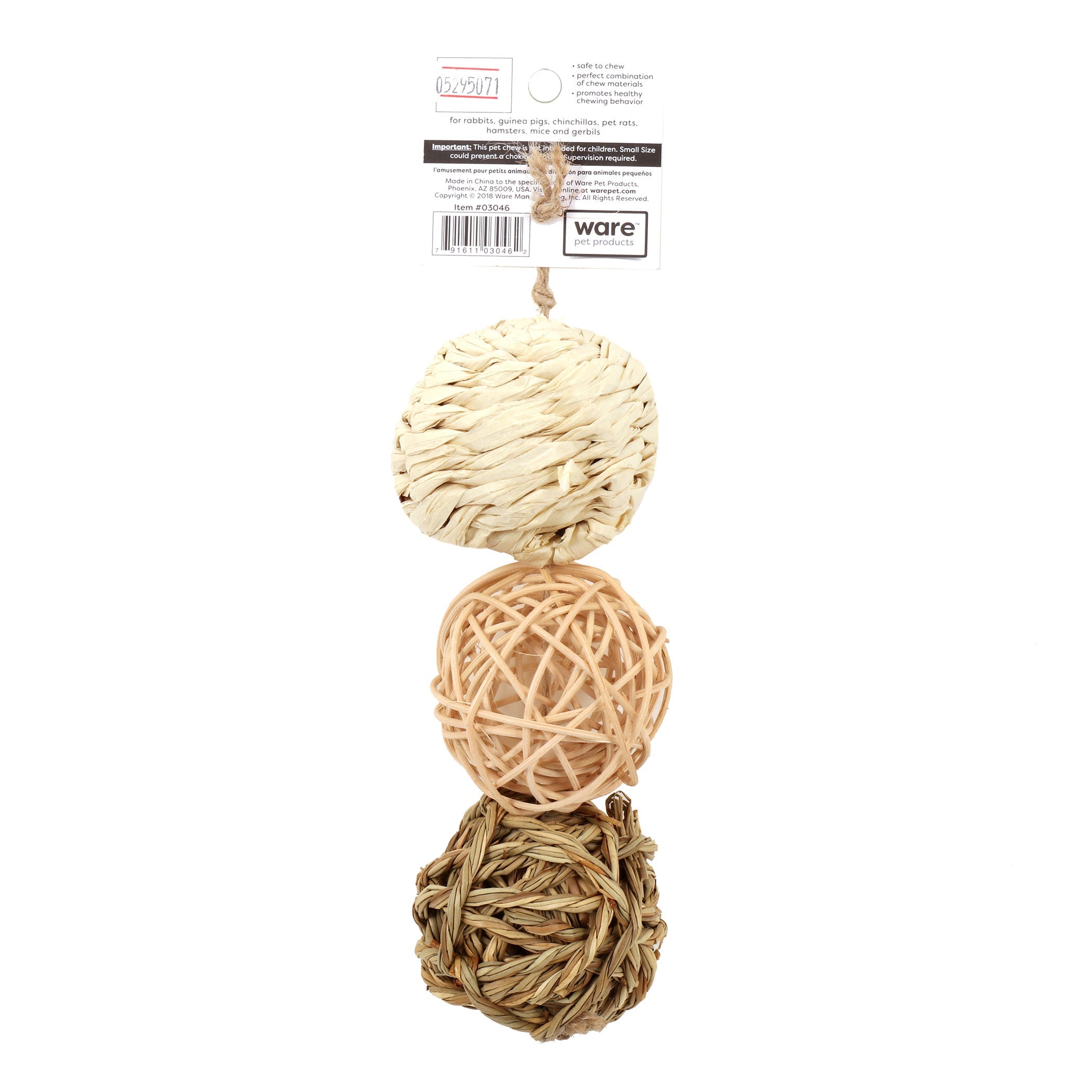 Back of Ware Nature Ball value pack label listing safe chew materials for rabbits, guinea pigs and other small pets