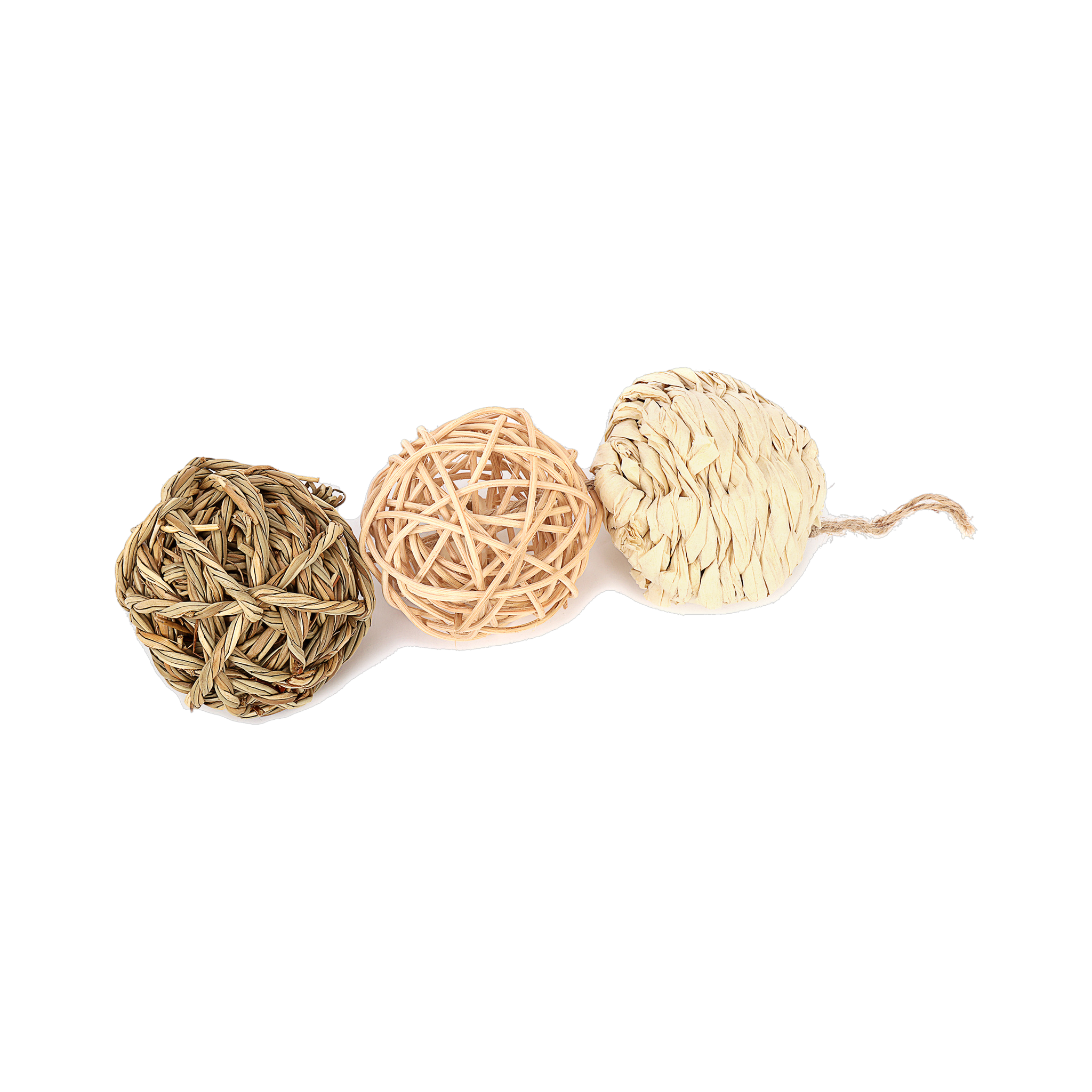 Seagrass, willow and corn leaf chew balls from the Ware Nature Ball value pack laid side by side
