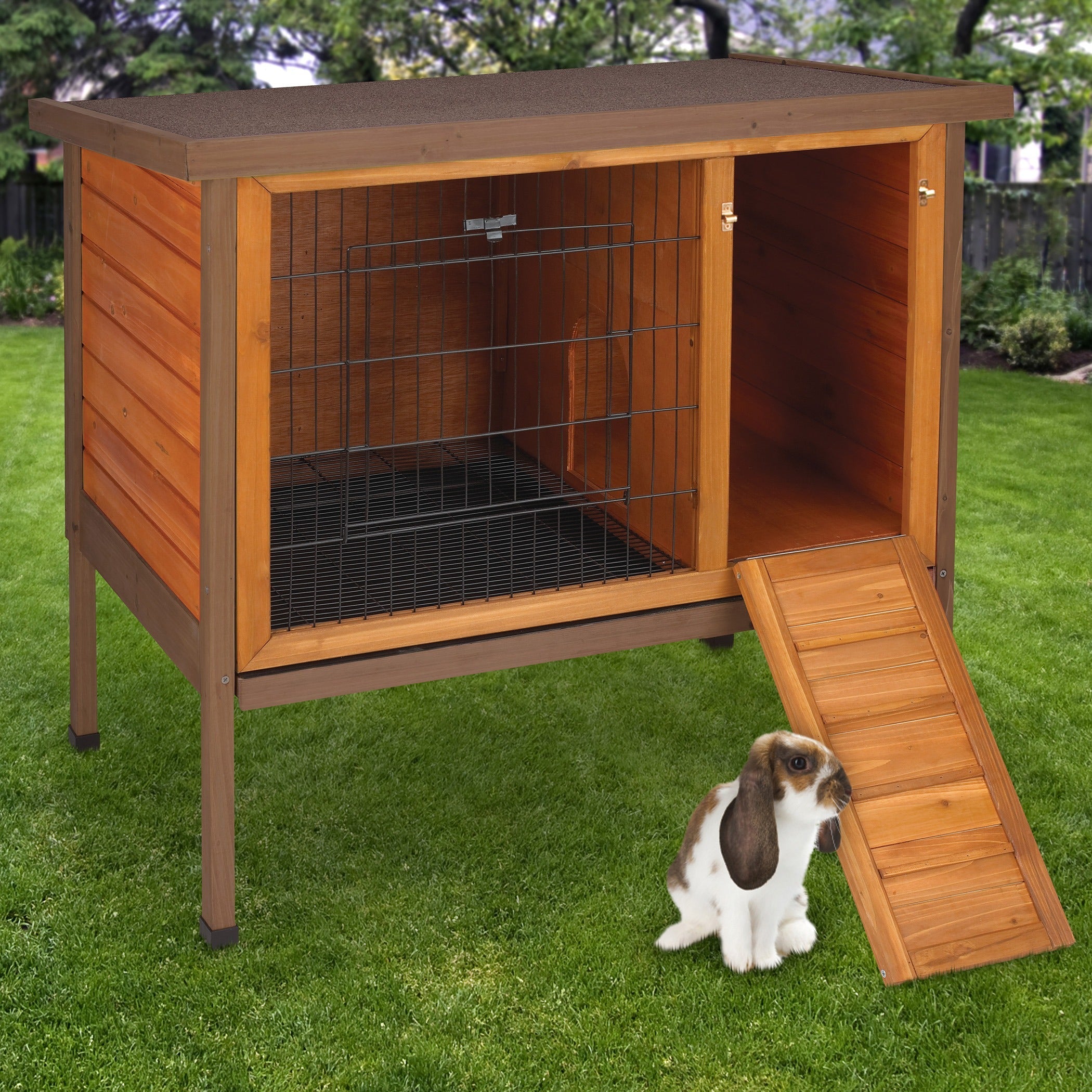 Ware Premium Plus Rabbit Hutch outdoors with rabbit on lawn