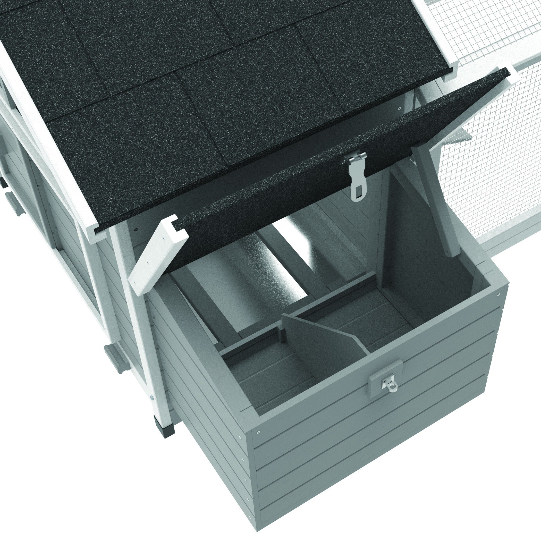 Open shingled lid revealing the two external-access nest boxes