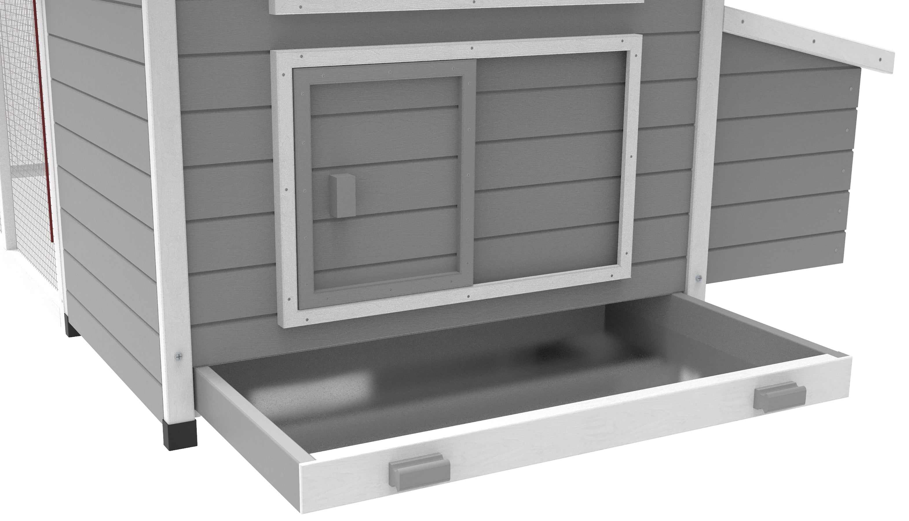 Metal-lined pull-out cleaning pan on the Rustic Barn Chicken Coop
