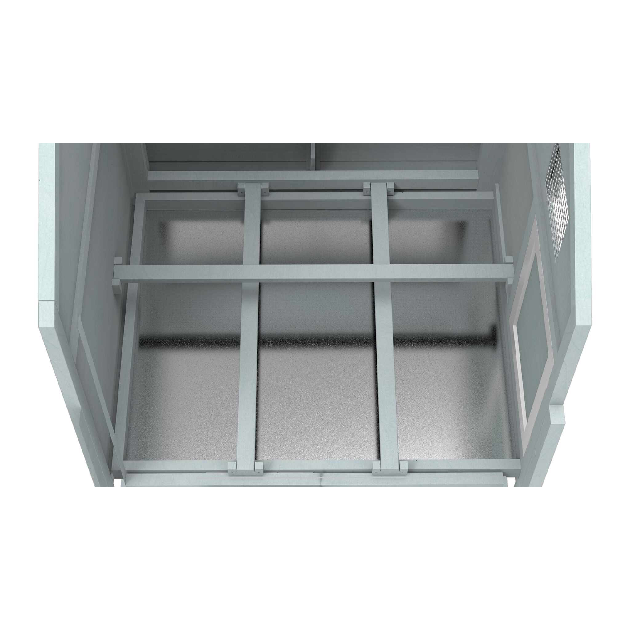 Interior view of roosting area and metal pull pan