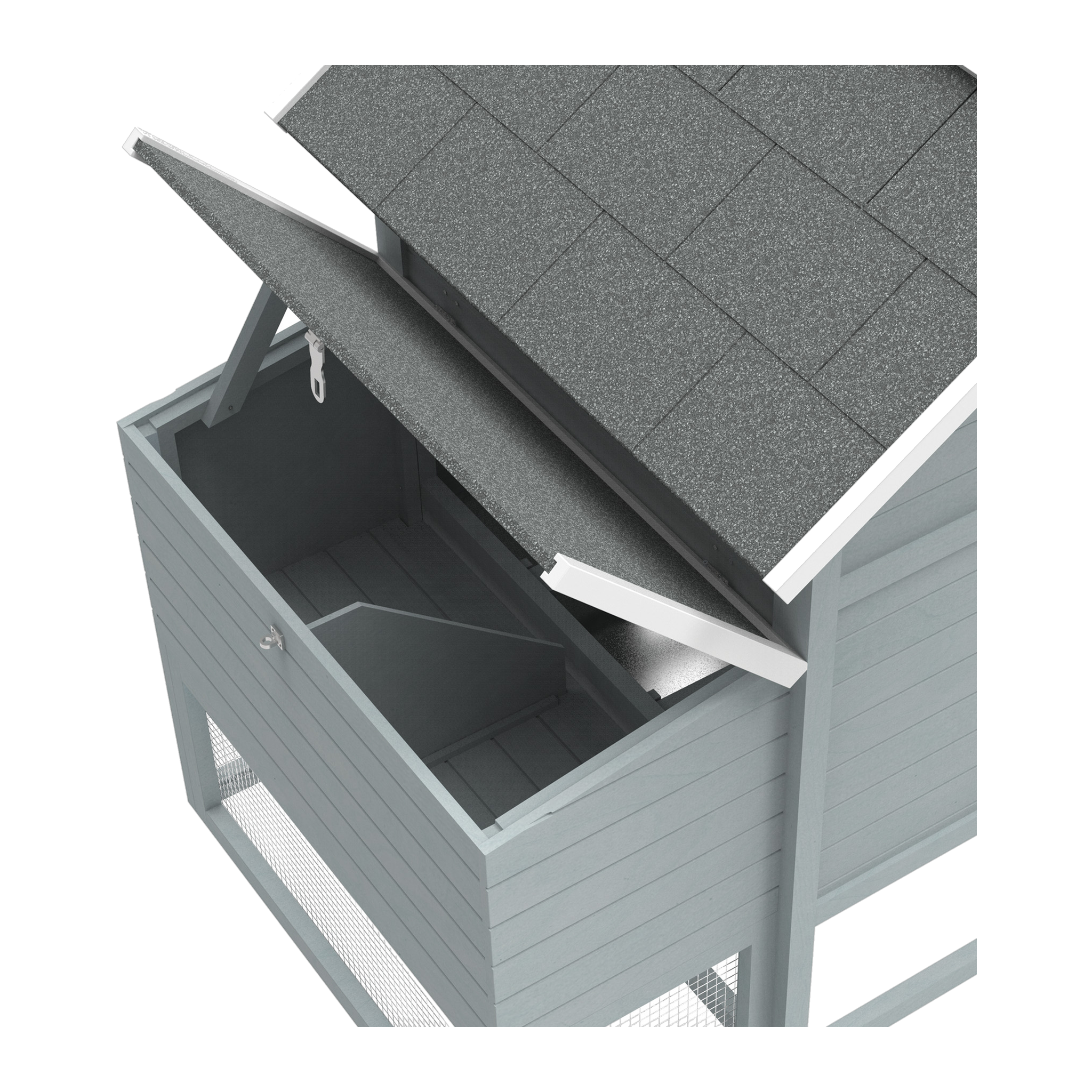 Top-entry nest box with hinged shingled lid open