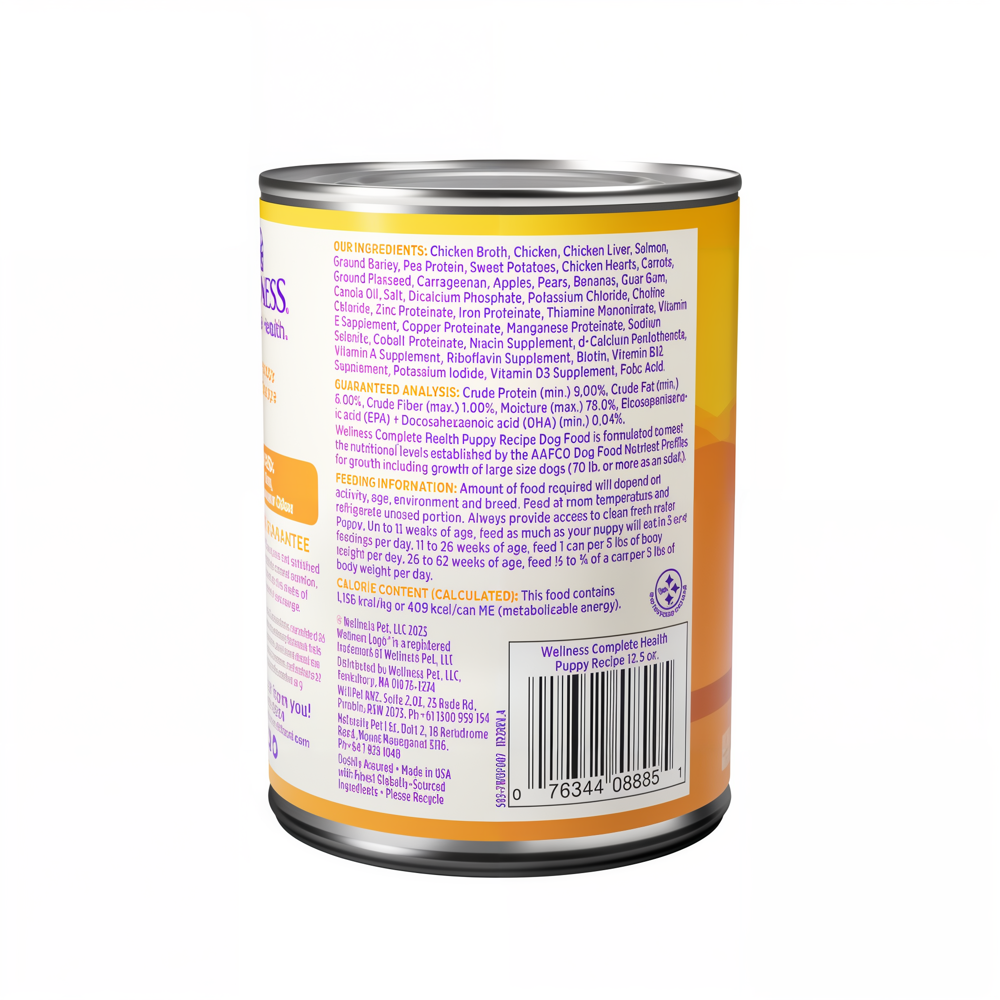 Back label of the Wellness Complete Health Puppy Recipe can with full ingredients, guaranteed analysis, feeding information, and calorie content