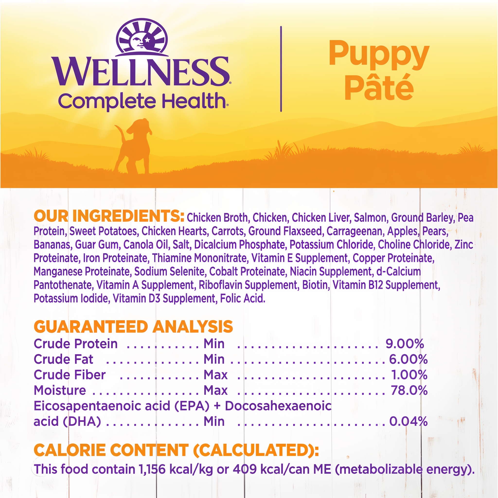 Wellness Puppy Pâté ingredients and guaranteed analysis panel: chicken broth, chicken, chicken liver, salmon, and more