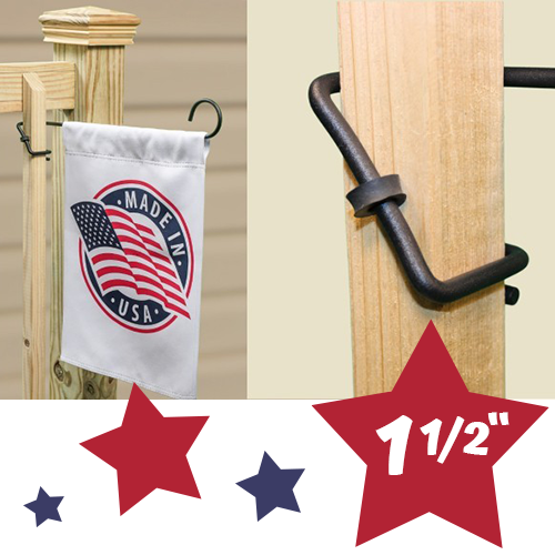What D Hook Garden Display Hook fitted to a 1 1/2 inch post holding a garden flag
